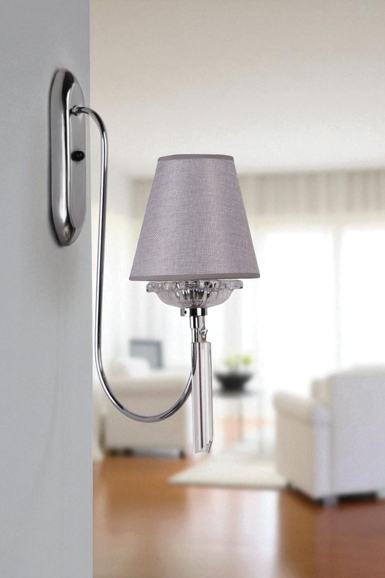 Candeeiro de Parede – 53 cm de altura – Cinza e Cromado – Metal e Tecido