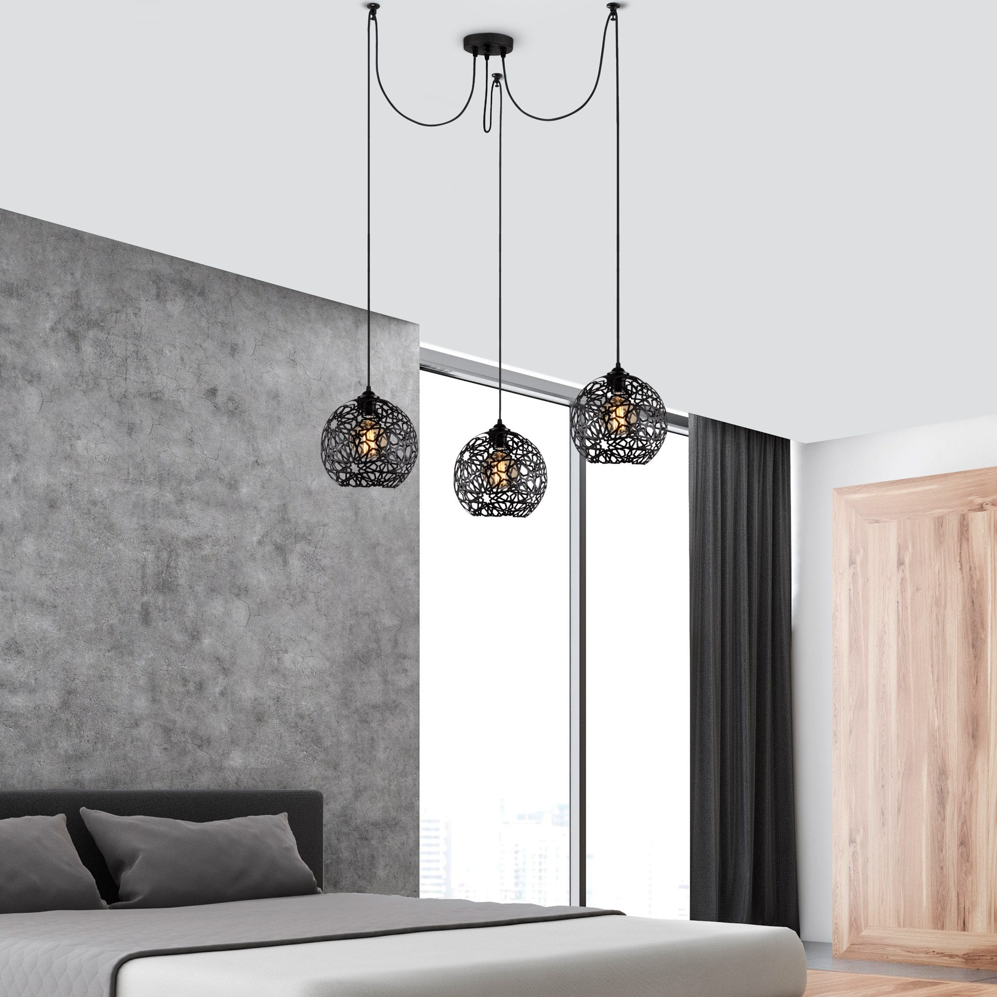 Candeeiro de Teto preto moderno, 115 x 115 cm, altura ajustável, corpo de metal, 3 x E27, máx. 40 W | Design escandinavo e do sudoeste elegante para decoração de casa