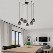 Candeeiro de Teto Preto Moderno, 137 x 137 cm, Altura Ajustável, Corpo em Metal, 6 Soquetes E27, IP20 | Iluminação Elegante para Decoração Escandinava e do Sudoeste