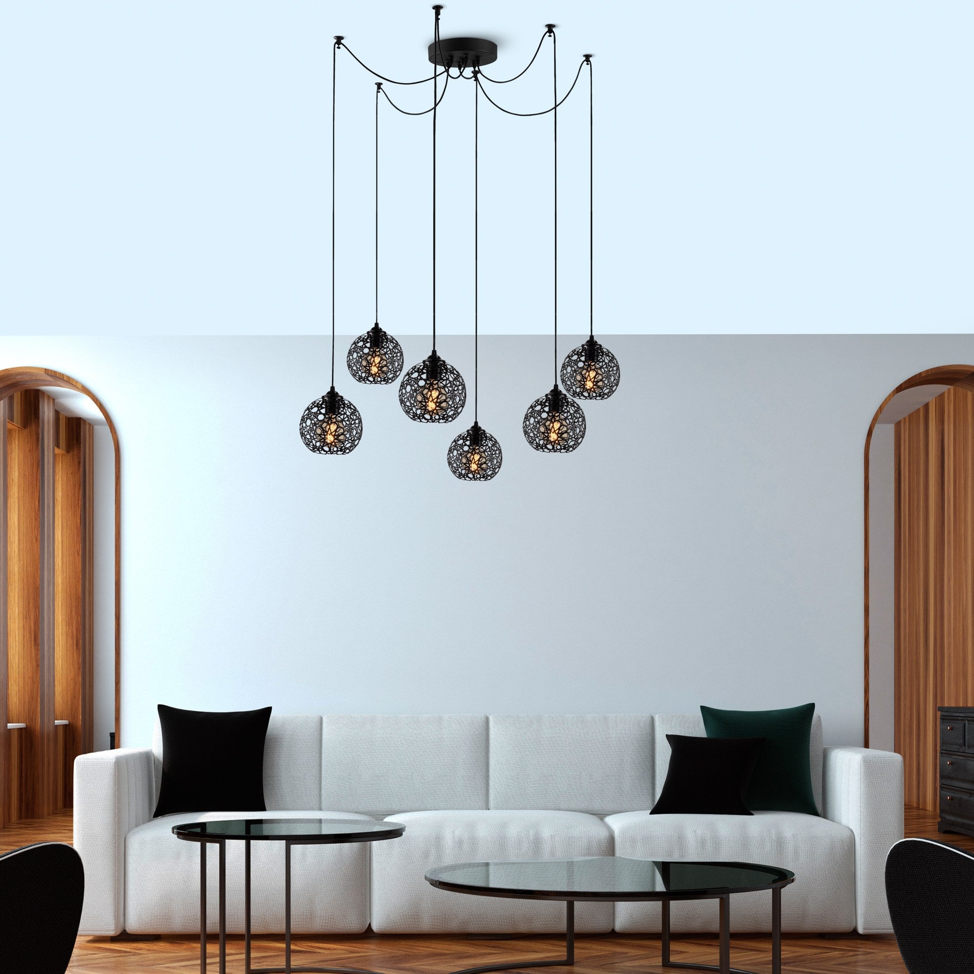 Candeeiro de Teto Preto Moderno, 137 x 137 cm, Altura Ajustável, Corpo em Metal, 6 Soquetes E27, IP20 | Iluminação Elegante para Decoração Escandinava e do Sudoeste
