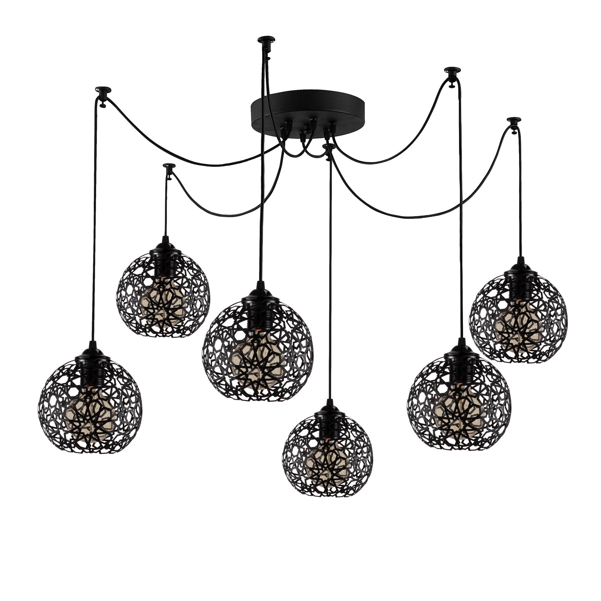 Candeeiro de Teto Preto Moderno, 137 x 137 cm, Altura Ajustável, Corpo em Metal, 6 Soquetes E27, IP20 | Iluminação Elegante para Decoração Escandinava e do Sudoeste