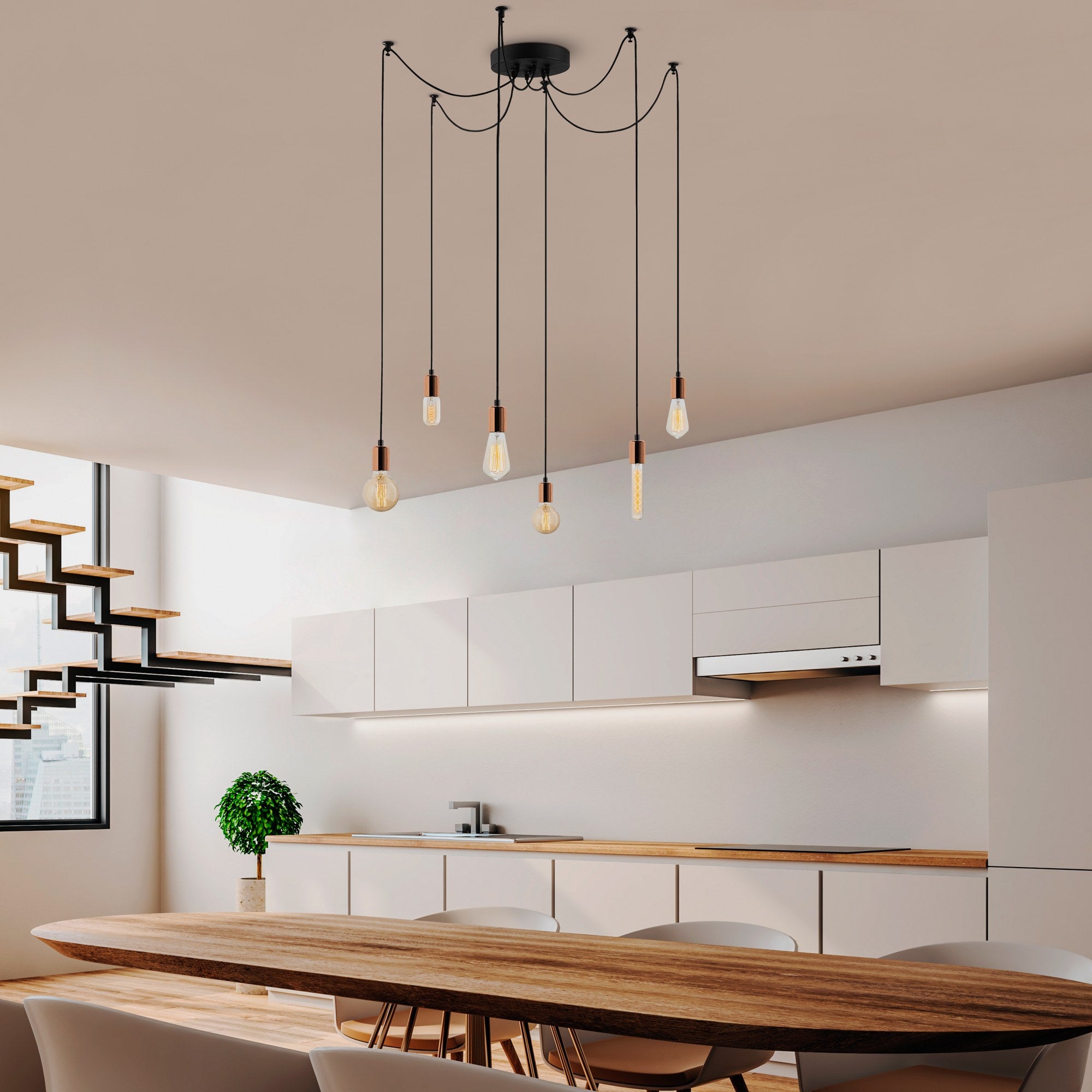 Candeeiro de Teto moderno de cobre, 126 x 126 cm, altura ajustável, 6 x E27, máx. 40 W | Corpo de metal elegante, IP20 | Perfeito para decoração elegante