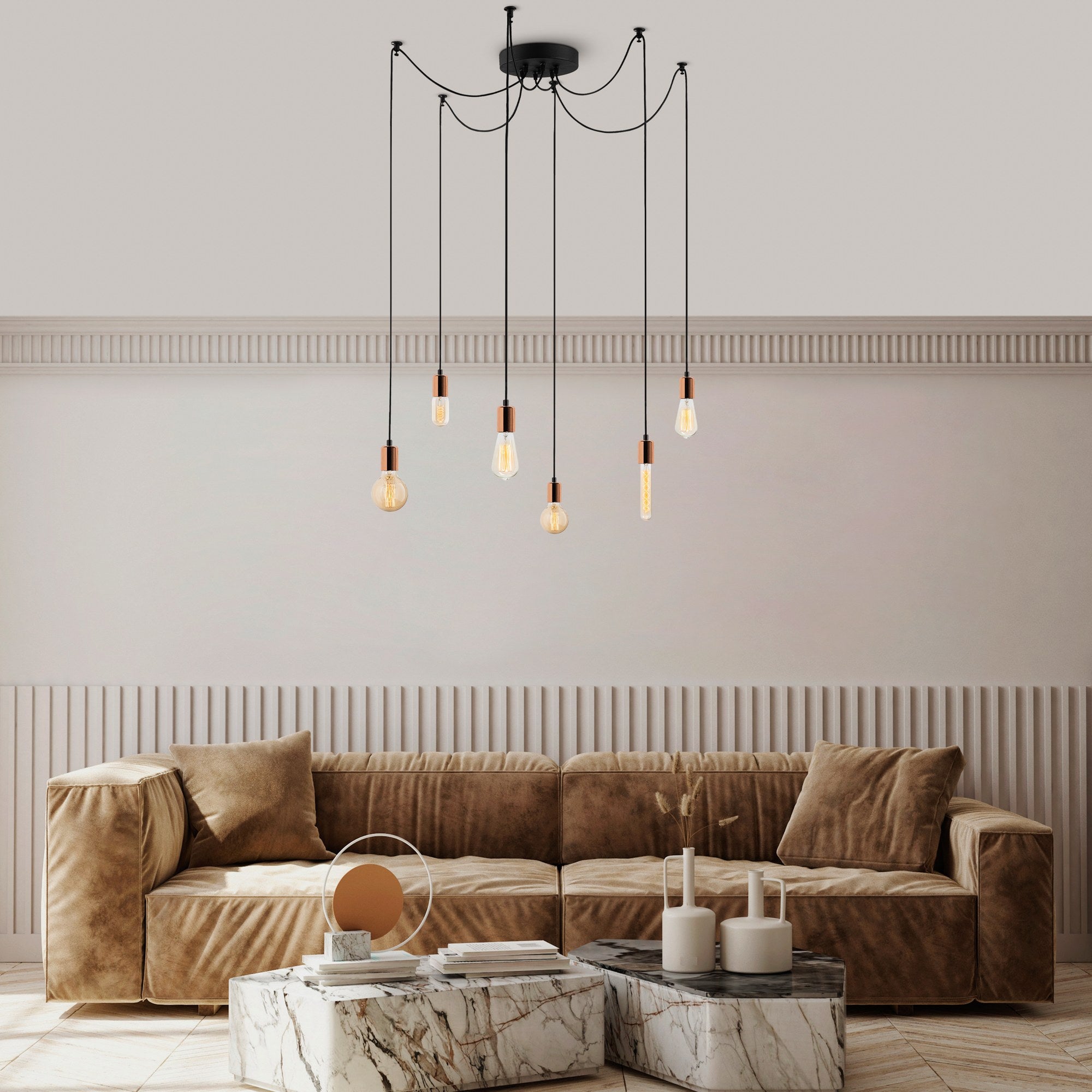 Candeeiro de Teto moderno de cobre, 126 x 126 cm, altura ajustável, 6 x E27, máx. 40 W | Corpo de metal elegante, IP20 | Perfeito para decoração elegante