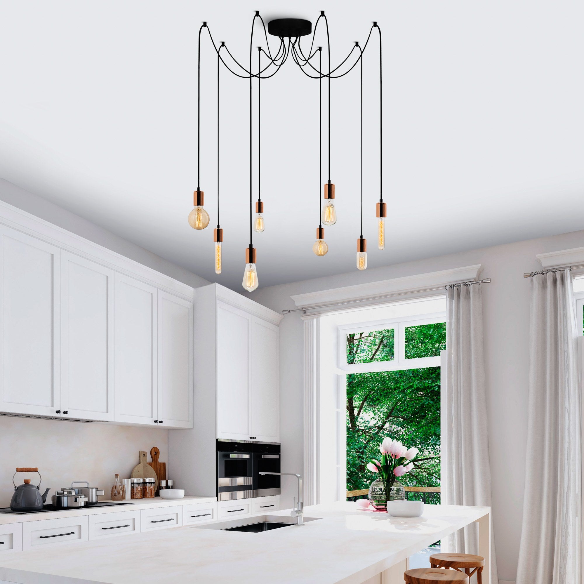 Candeeiro de Teto moderno de cobre, 156 x 156 cm, altura ajustável de 102 cm | Corpo de metal, 8 x E27 máx. 40 W | Iluminação elegante para residências e escritórios