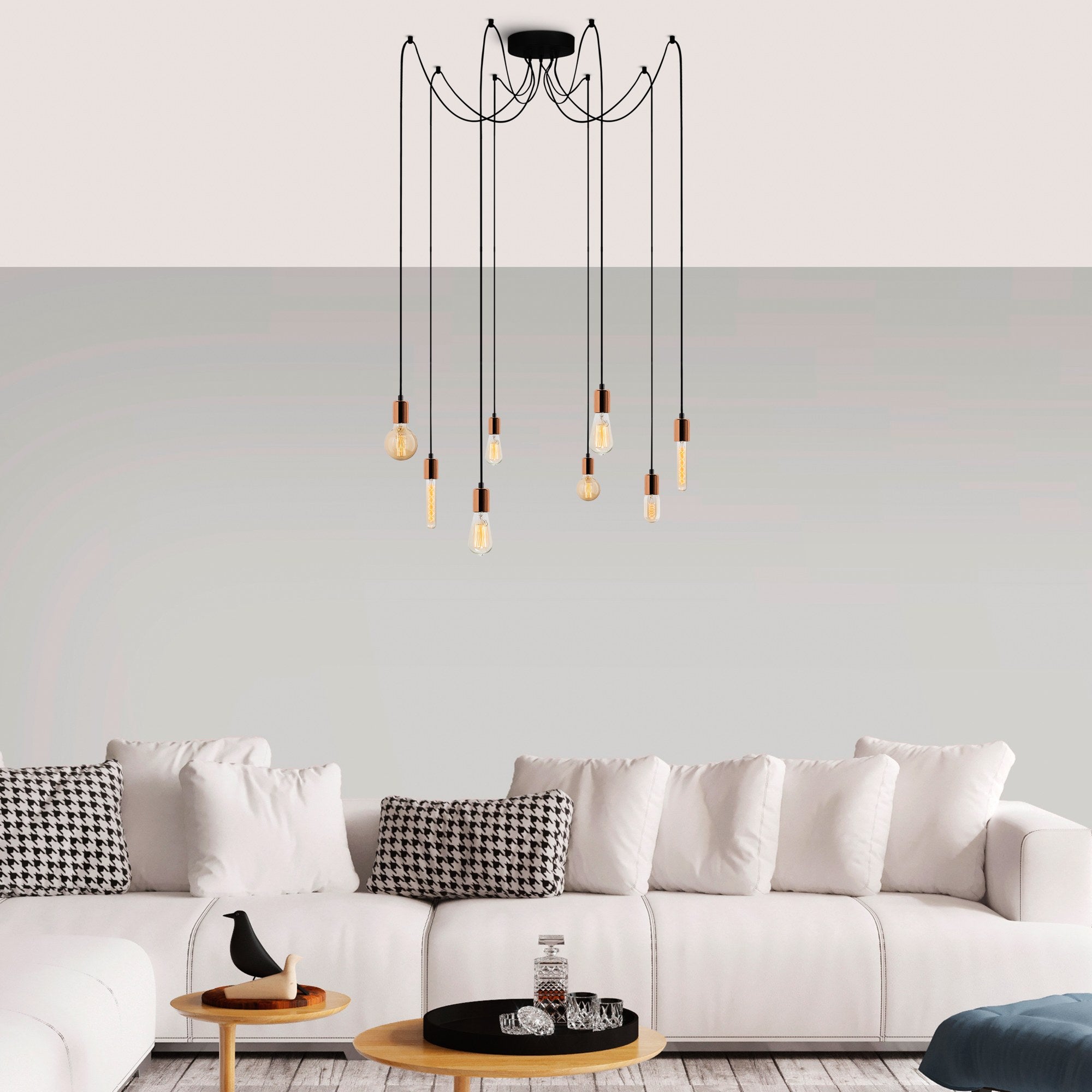 Candeeiro de Teto moderno de cobre, 156 x 156 cm, altura ajustável de 102 cm | Corpo de metal, 8 x E27 máx. 40 W | Iluminação elegante para residências e escritórios