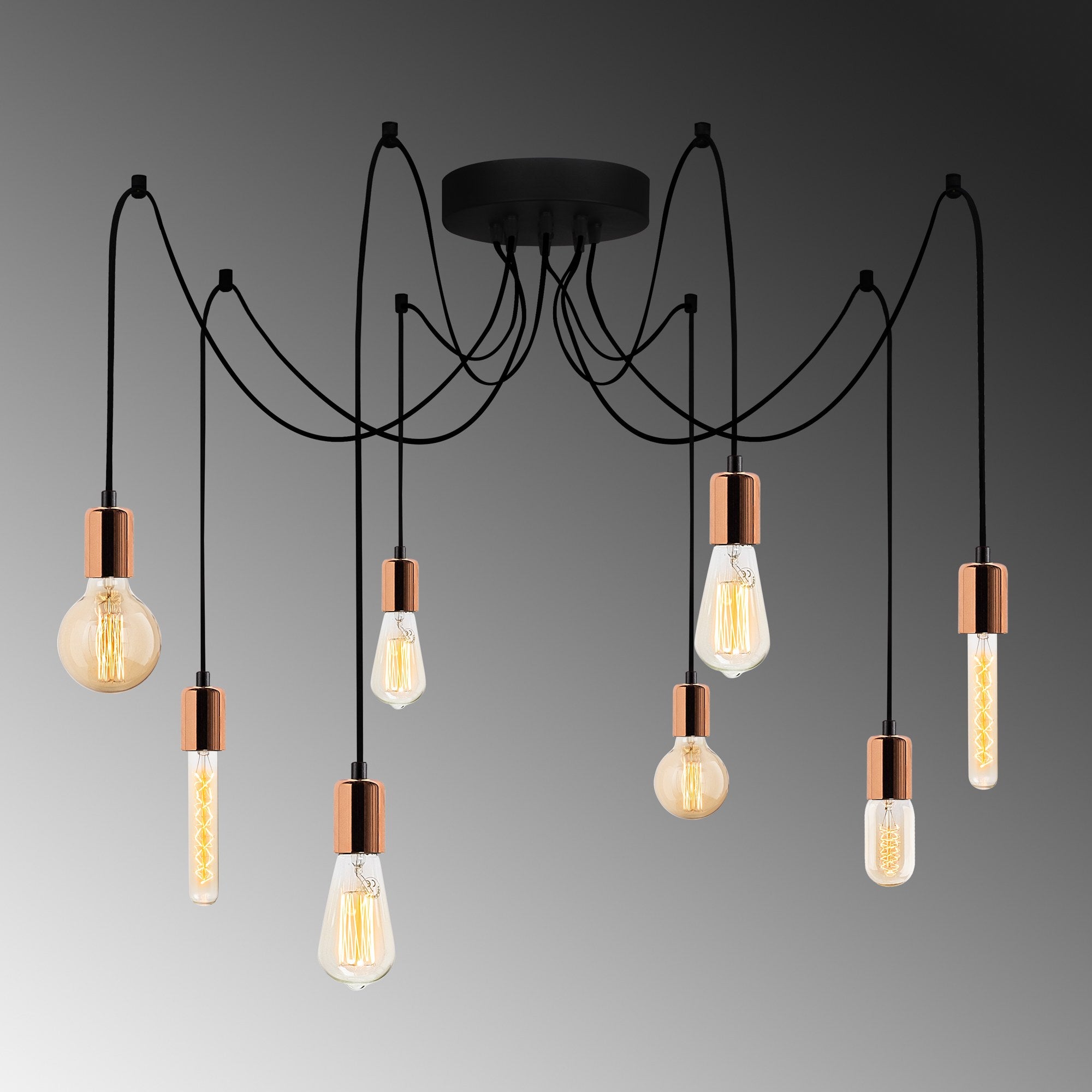 Candeeiro de Teto moderno de cobre, 156 x 156 cm, altura ajustável de 102 cm | Corpo de metal, 8 x E27 máx. 40 W | Iluminação elegante para residências e escritórios