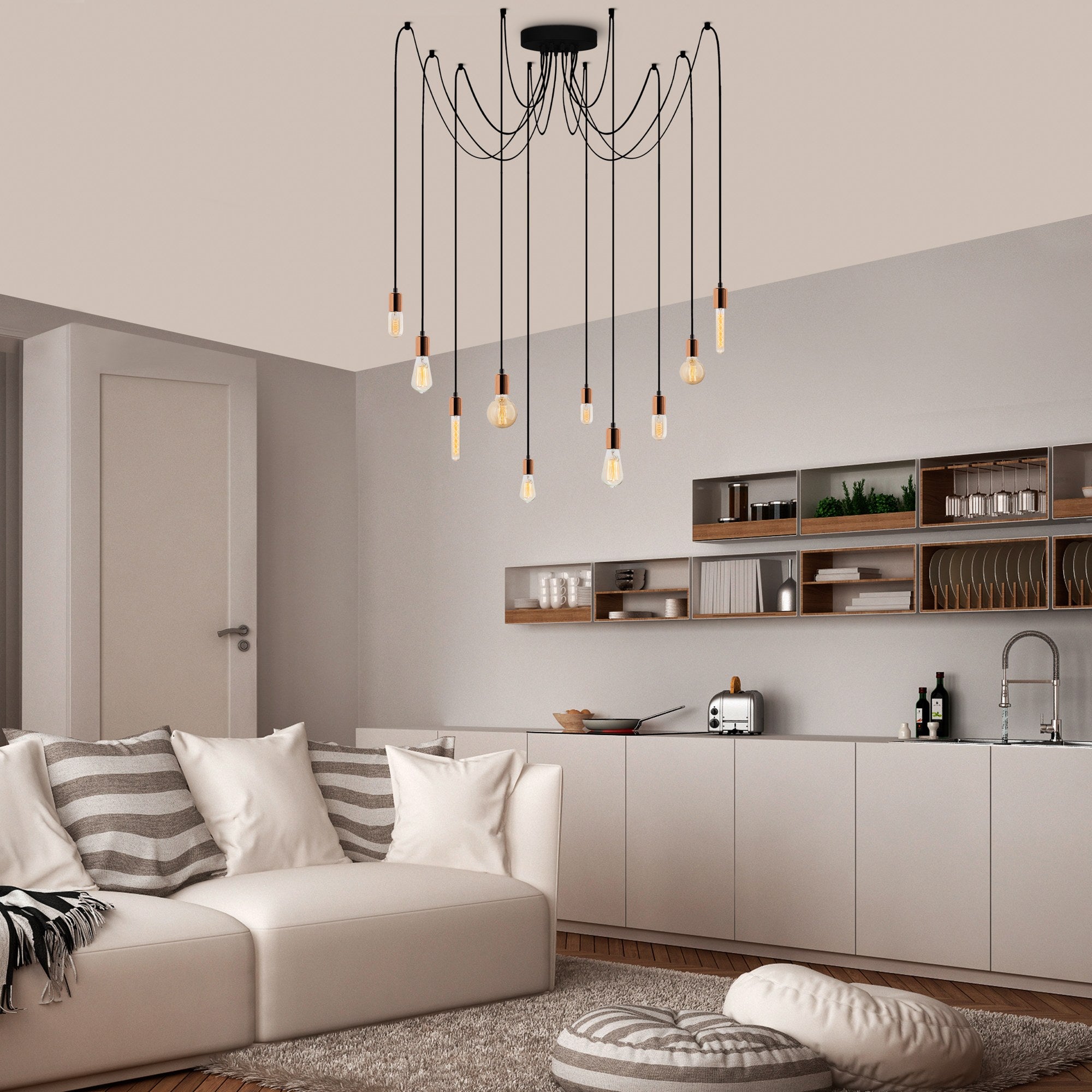 Candeeiro de Teto moderno de cobre, 186 x 186 cm, altura ajustável, 10 x E27, máx. 40 W | Corpo de metal elegante, IP20 | Perfeito para decoração elegante