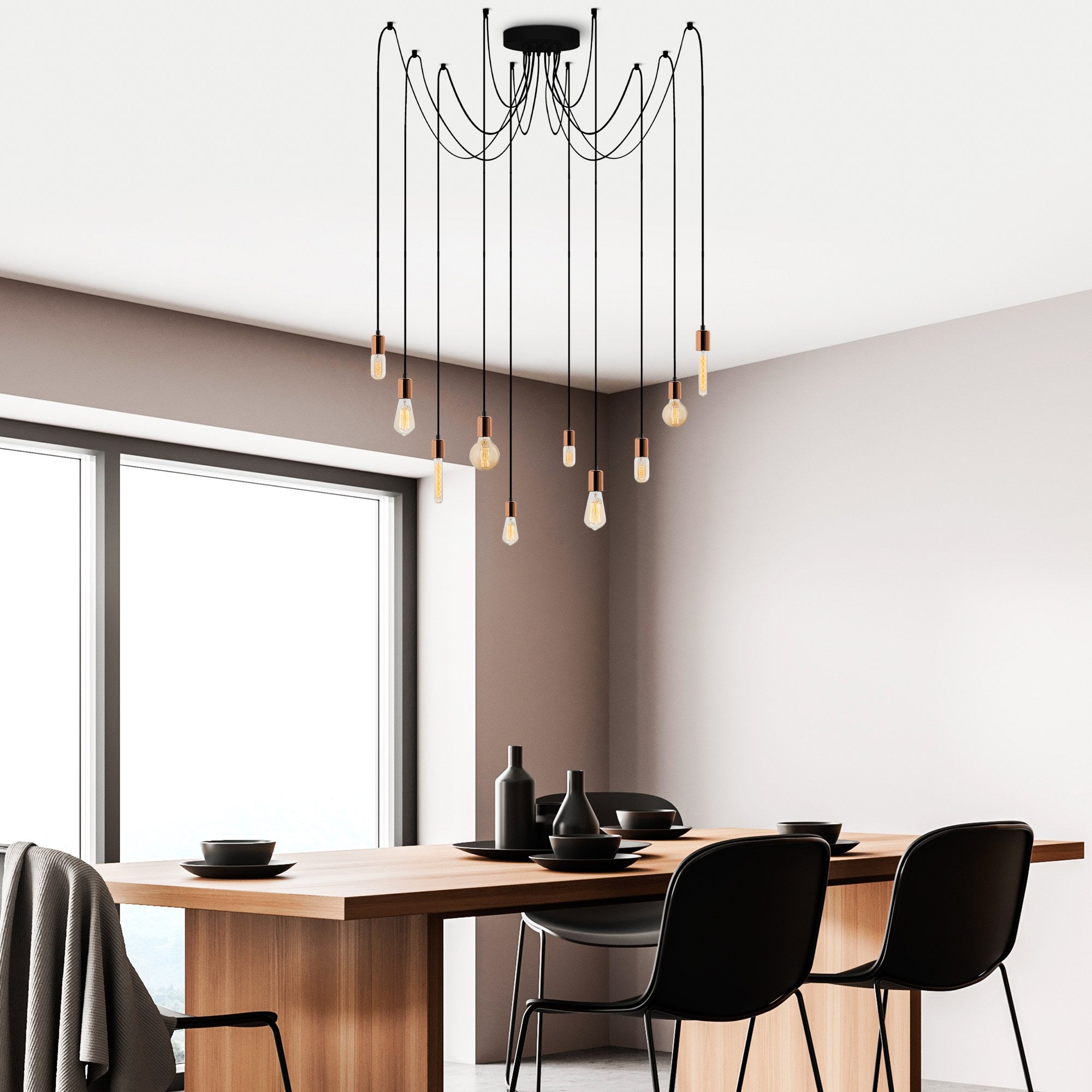 Candeeiro de Teto moderno de cobre, 186 x 186 cm, altura ajustável, 10 x E27, máx. 40 W | Corpo de metal elegante, IP20 | Perfeito para decoração elegante