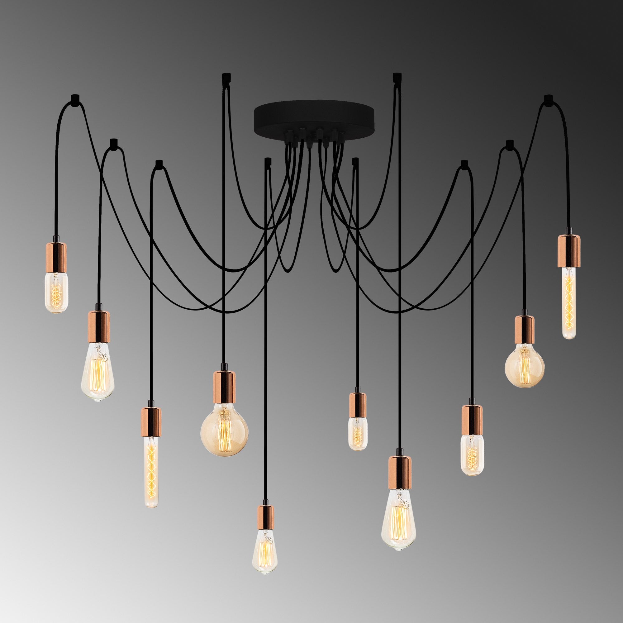 Candeeiro de Teto moderno de cobre, 186 x 186 cm, altura ajustável, 10 x E27, máx. 40 W | Corpo de metal elegante, IP20 | Perfeito para decoração elegante