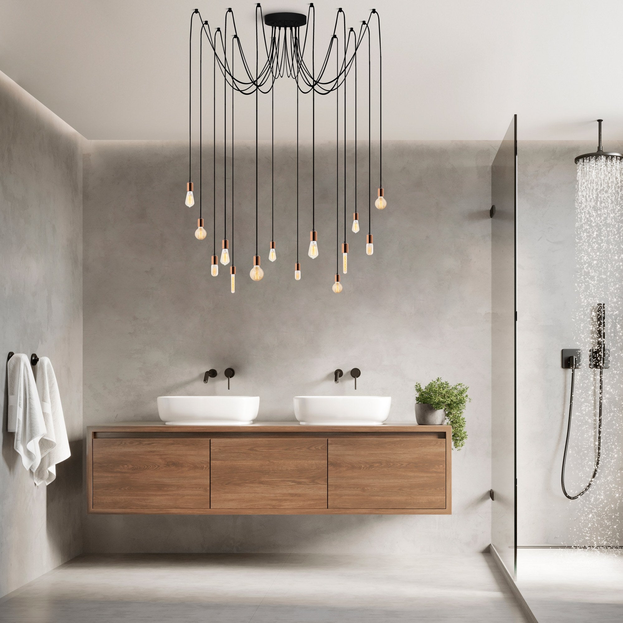 Candeeiro de Teto moderno de cobre, altura ajustável de 102 cm, 216 x 216 cm | Corpo de metal, 14 x E27 máx. 40 W | Iluminação elegante para residências e escritórios