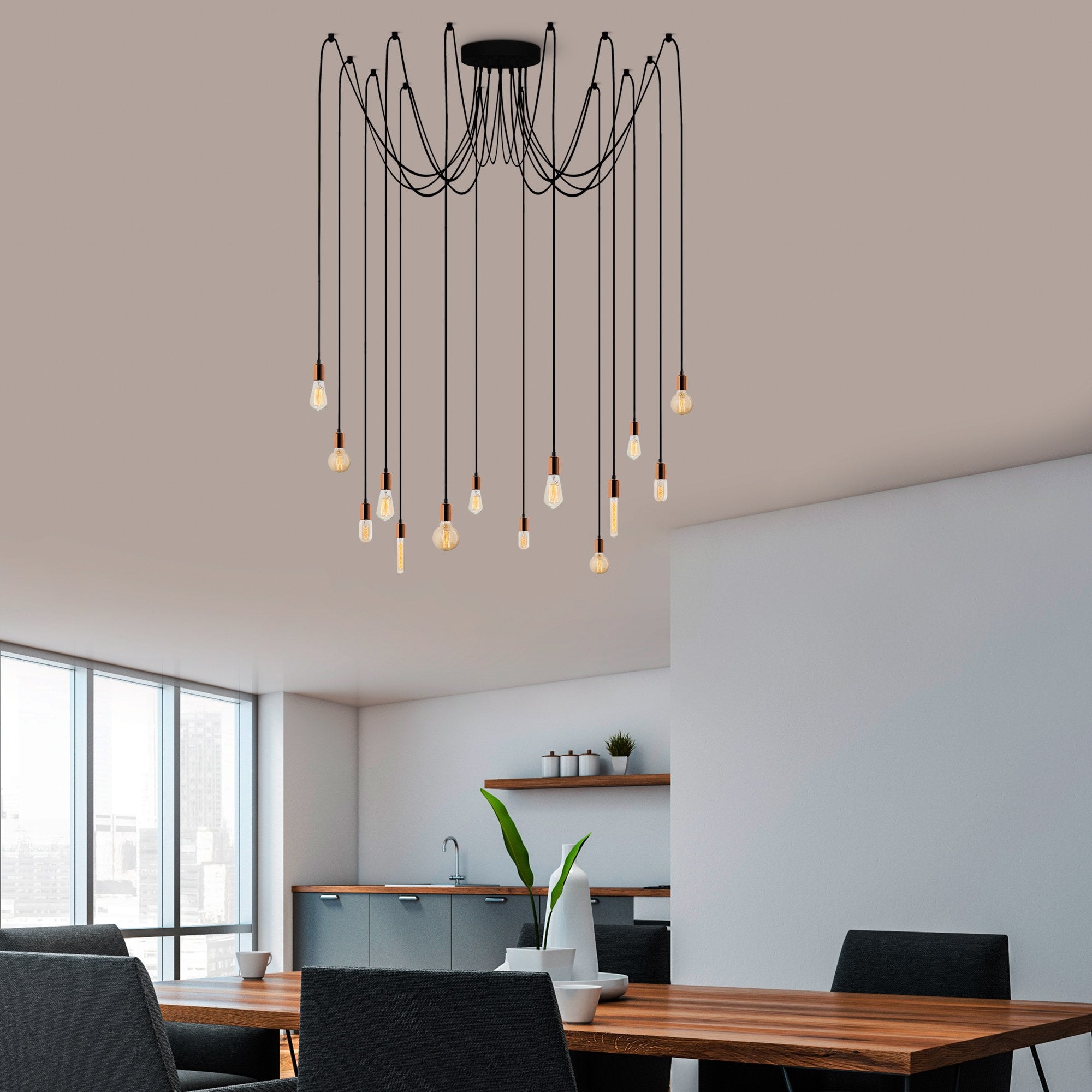 Candeeiro de Teto moderno de cobre, altura ajustável de 102 cm, 216 x 216 cm | Corpo de metal, 14 x E27 máx. 40 W | Iluminação elegante para residências e escritórios