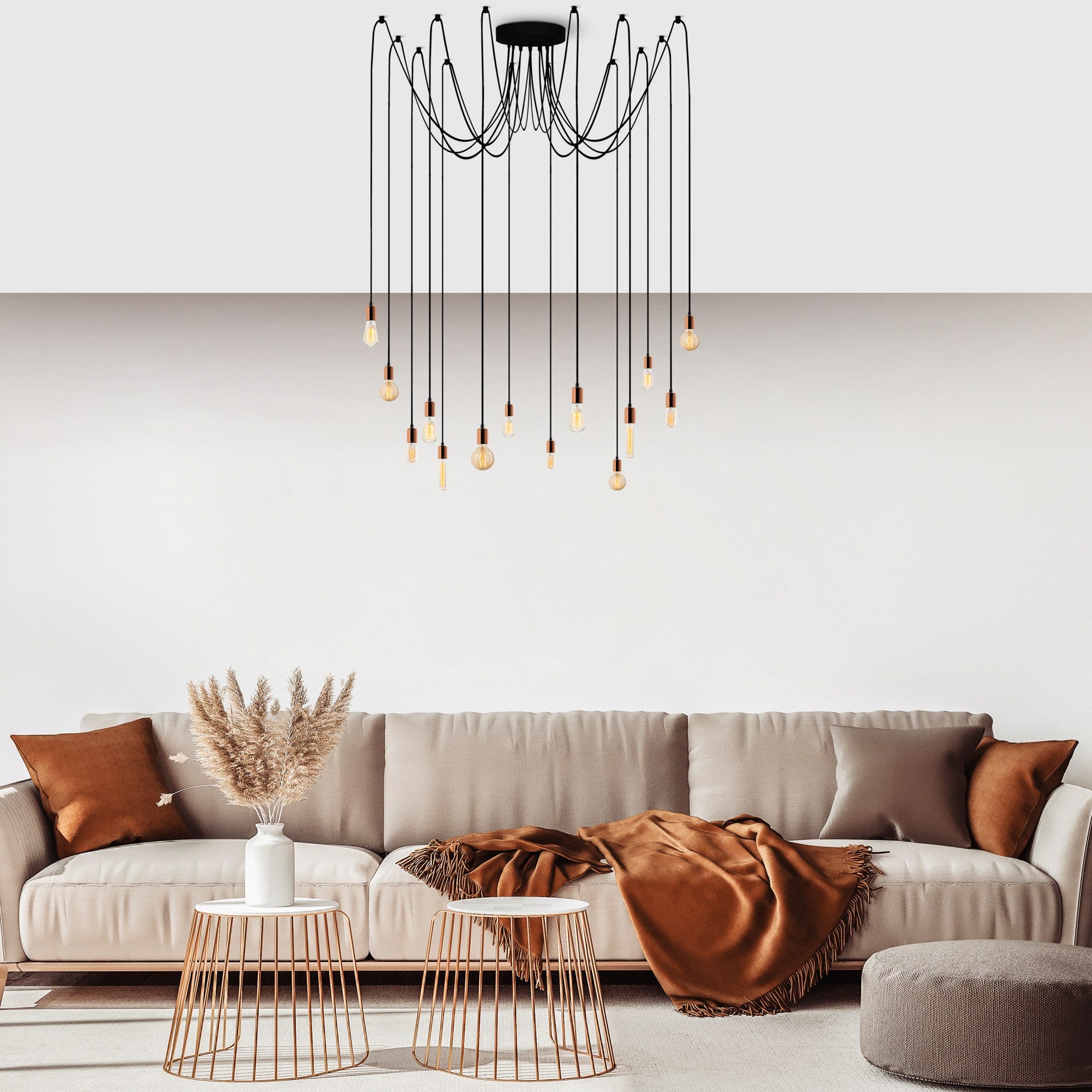 Candeeiro de Teto moderno de cobre, altura ajustável de 102 cm, 216 x 216 cm | Corpo de metal, 14 x E27 máx. 40 W | Iluminação elegante para residências e escritórios