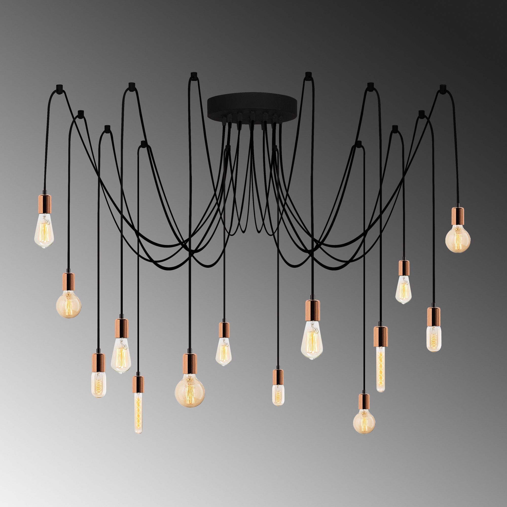 Candeeiro de Teto moderno de cobre, altura ajustável de 102 cm, 216 x 216 cm | Corpo de metal, 14 x E27 máx. 40 W | Iluminação elegante para residências e escritórios