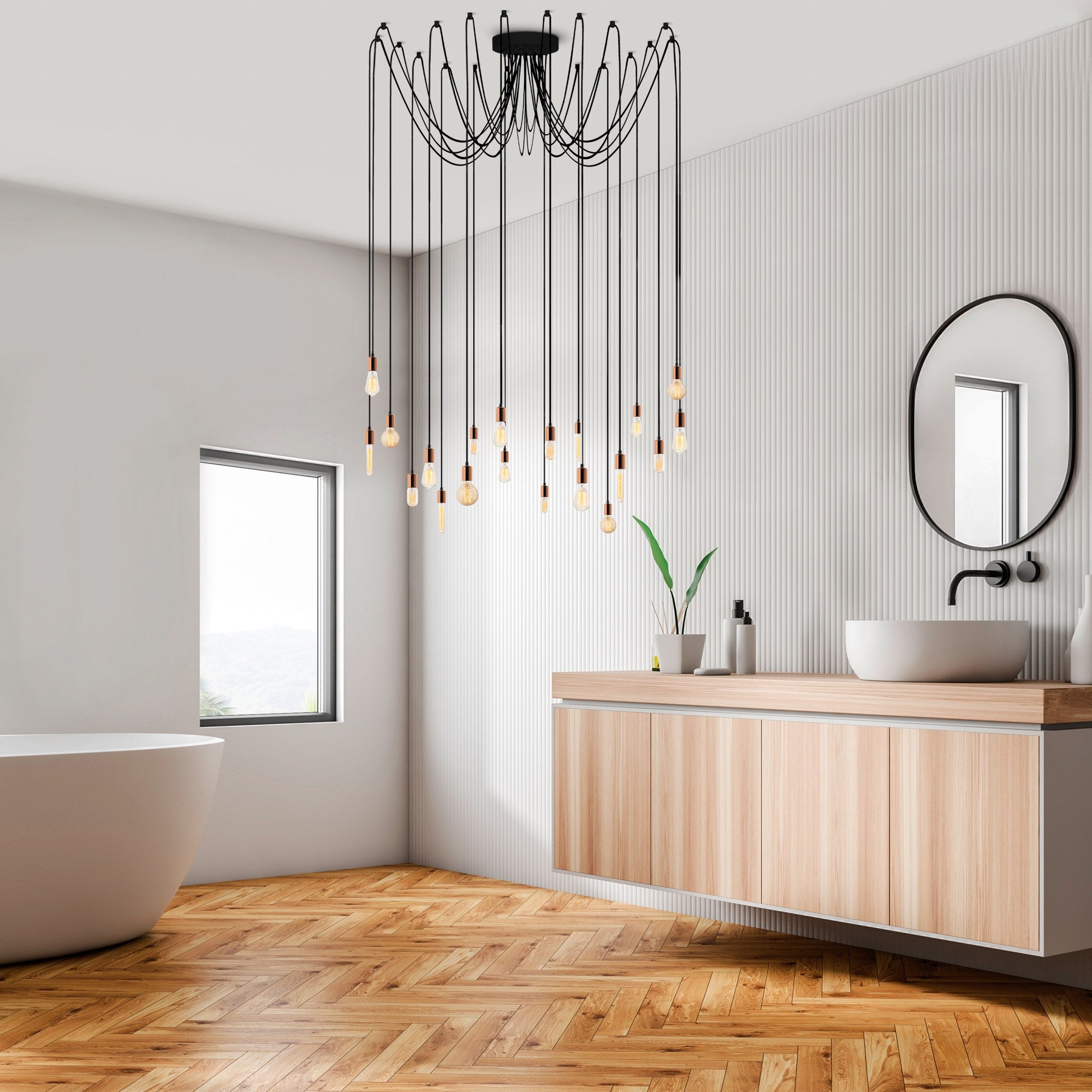 Candeeiro de Teto moderno de cobre, altura ajustável de 102 cm, 246 x 246 cm | Corpo de ferro, 20 x E27, máx. 40 W | Iluminação elegante para residências e escritórios