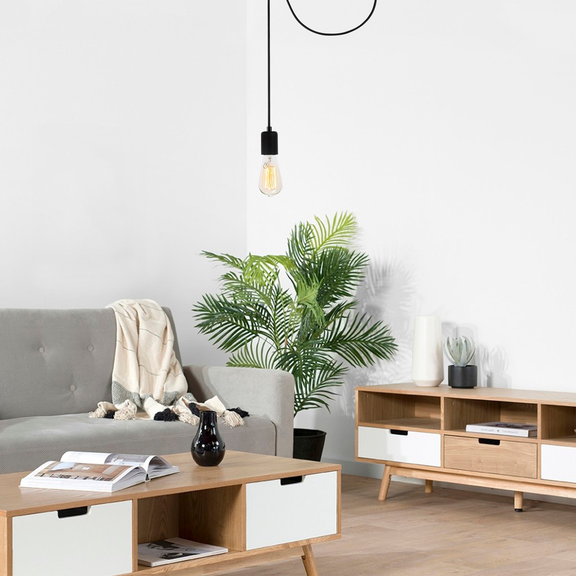 Candeeiro de Teto Industrial Moderno, Corpo em Metal Preto, 51 x 6 cm, Altura: 102 cm, Ajustável, E27 Máx. 40 W, IP20 | Iluminação Elegante para Casa e Escritório