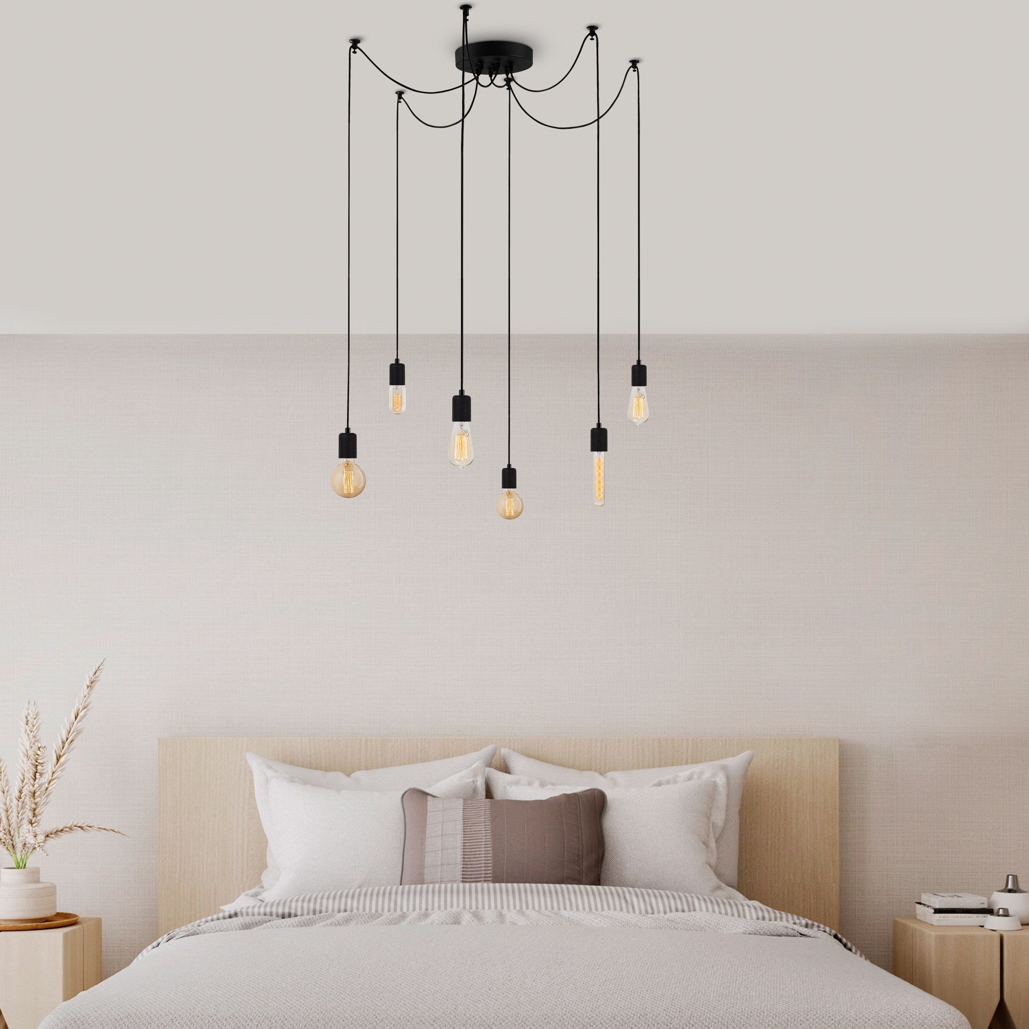 Candeeiro de Teto preto moderno, 126 x 126 cm, altura ajustável, corpo de metal, 6 x E27 máx. 40 W, design industrial, perfeito para decoração de casa e escritório