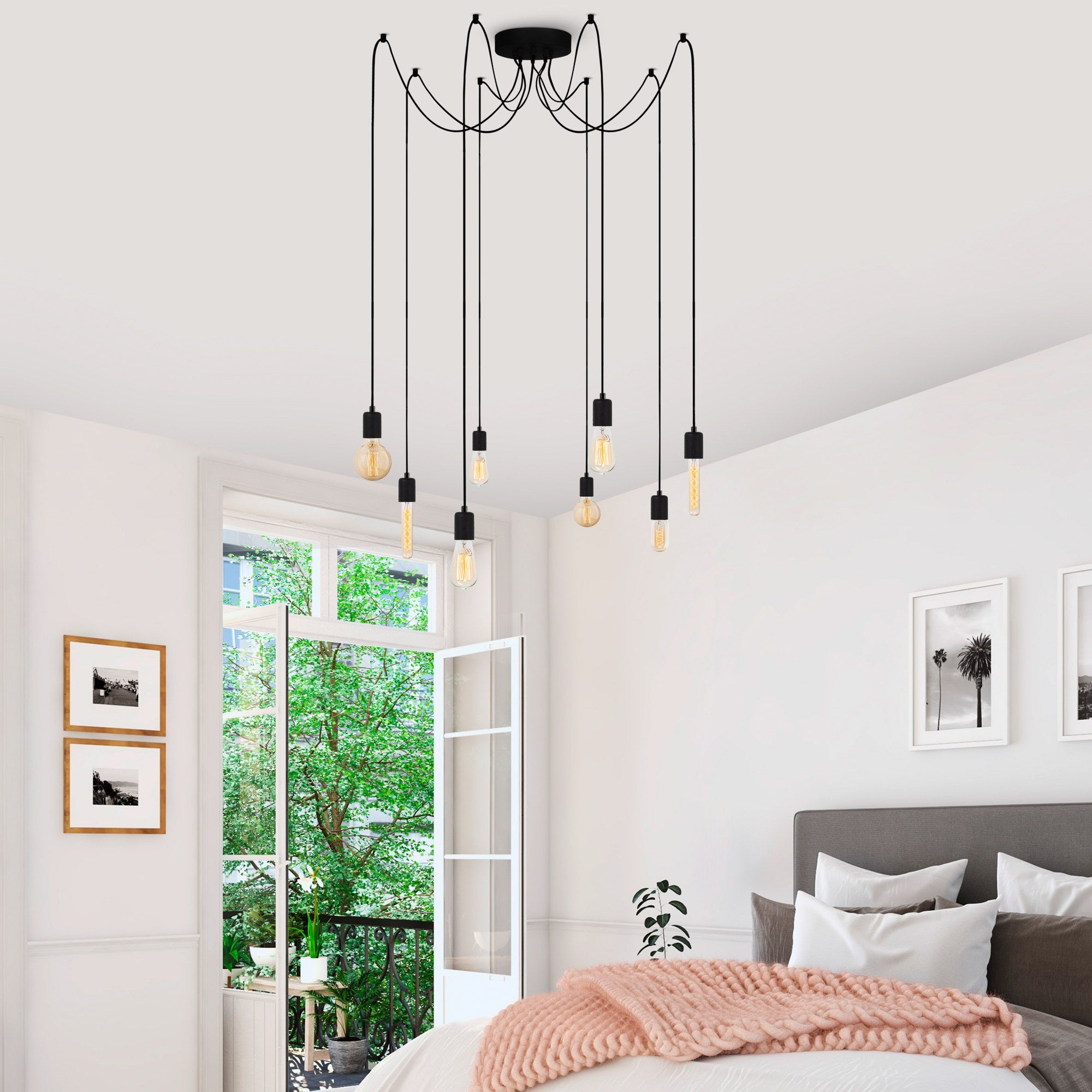 Candeeiro de Teto Industrial Preto, 156 x 156 cm, Altura Ajustável, Corpo em Metal, 8 x E27, Máx. 40 W | Design Moderno em Cor Sólida para Interiores Elegantes