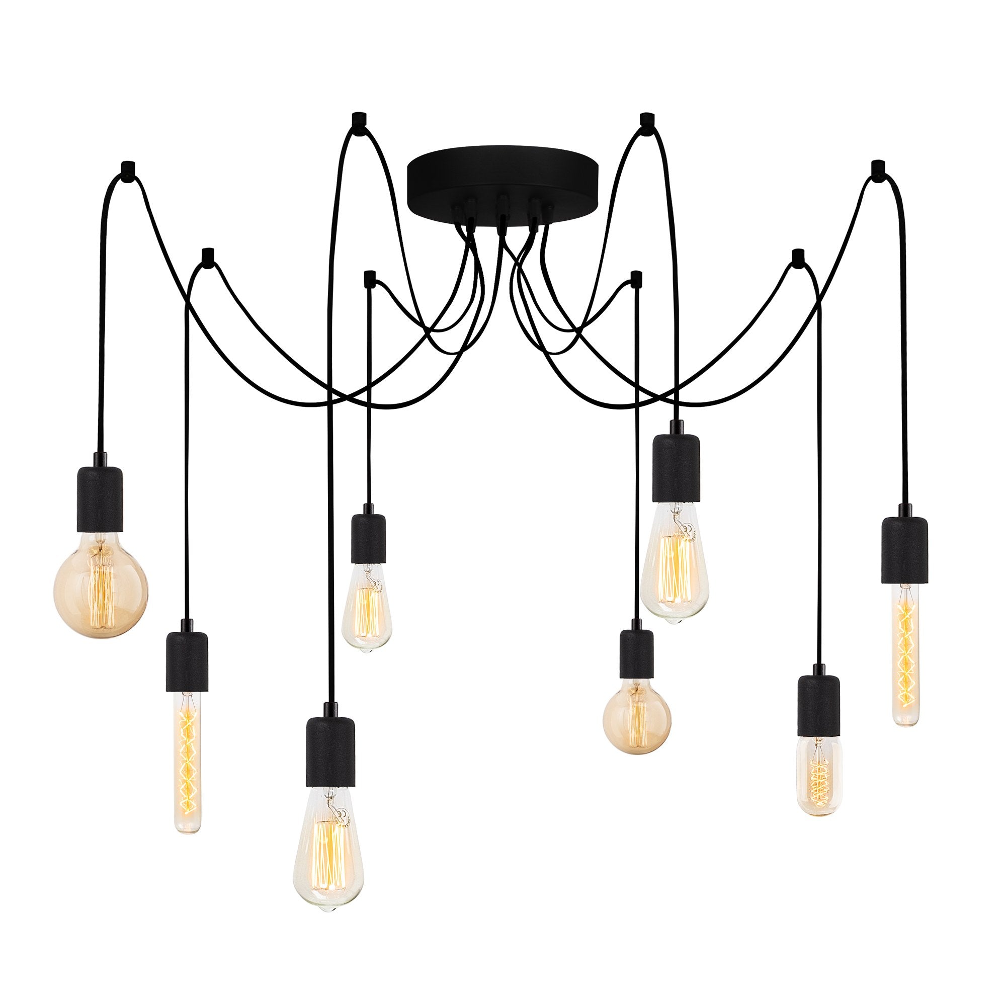 Candeeiro de Teto Industrial Preto, 156 x 156 cm, Altura Ajustável, Corpo em Metal, 8 x E27, Máx. 40 W | Design Moderno em Cor Sólida para Interiores Elegantes