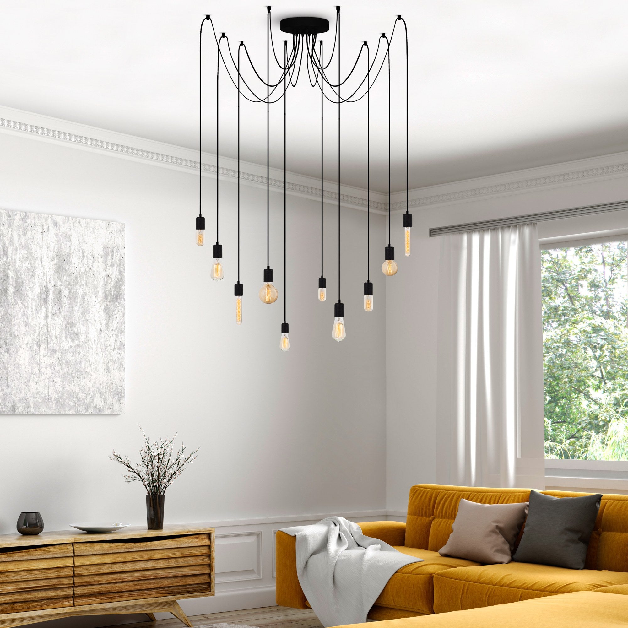 Candeeiro de Teto Industrial Preto, 186 x 186 cm, Altura Ajustável, 10 x E27, Máx. 40 W | Corpo de Ferro Resistente, Design Moderno para Decoração Elegante