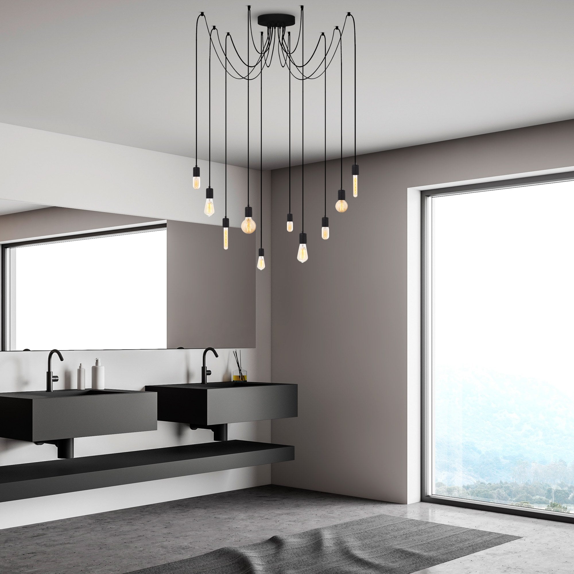 Candeeiro de Teto Industrial Preto, 186 x 186 cm, Altura Ajustável, 10 x E27, Máx. 40 W | Corpo de Ferro Resistente, Design Moderno para Decoração Elegante