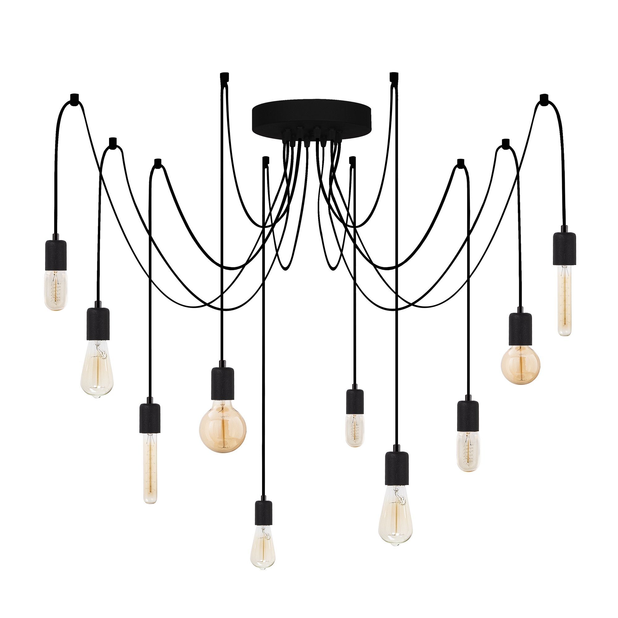 Candeeiro de Teto Industrial Preto, 186 x 186 cm, Altura Ajustável, 10 x E27, Máx. 40 W | Corpo de Ferro Resistente, Design Moderno para Decoração Elegante