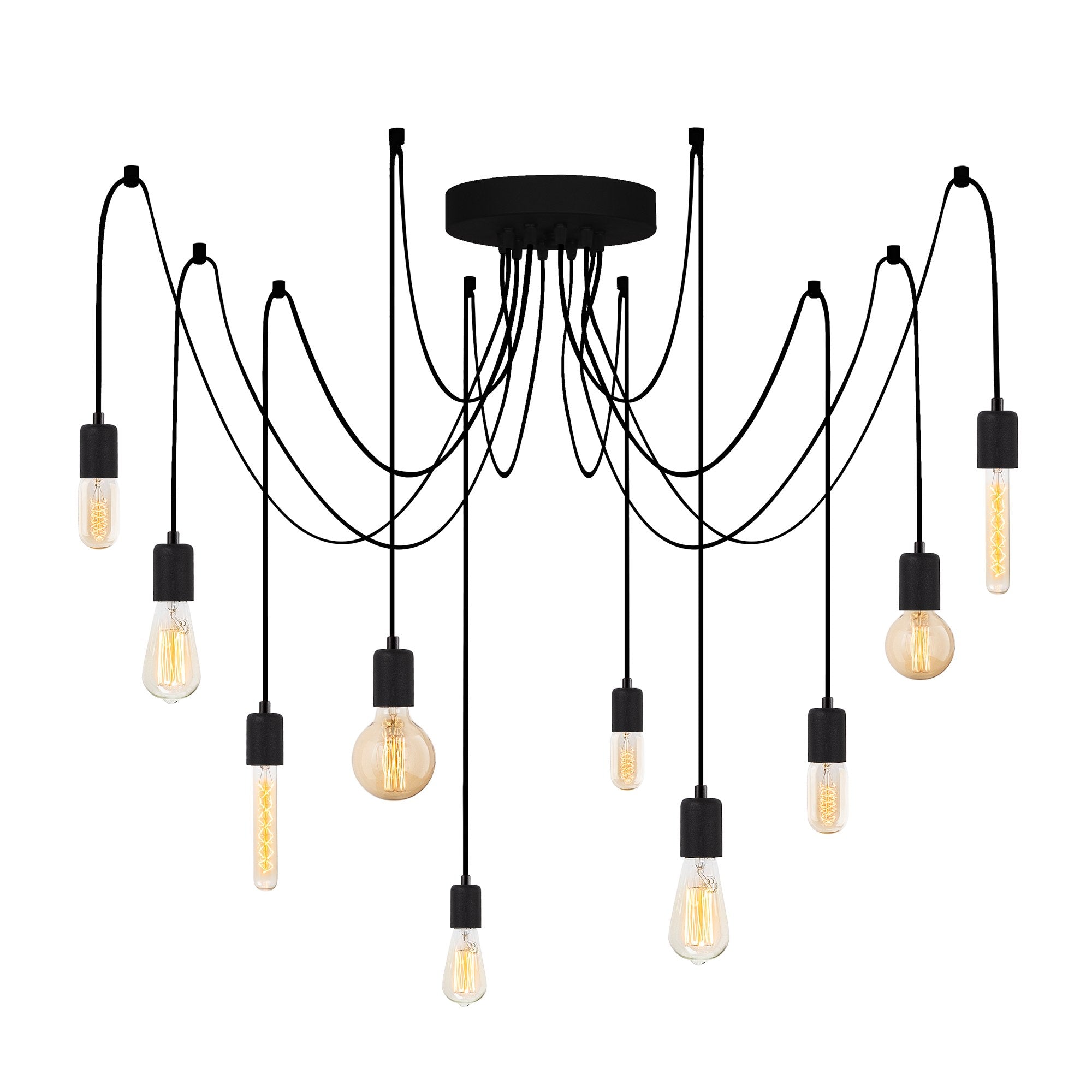 Candeeiro de Teto Industrial Preto, 186 x 186 cm, Altura Ajustável, 10 x E27, Máx. 40 W | Corpo de Ferro Resistente, Design Moderno para Decoração Elegante