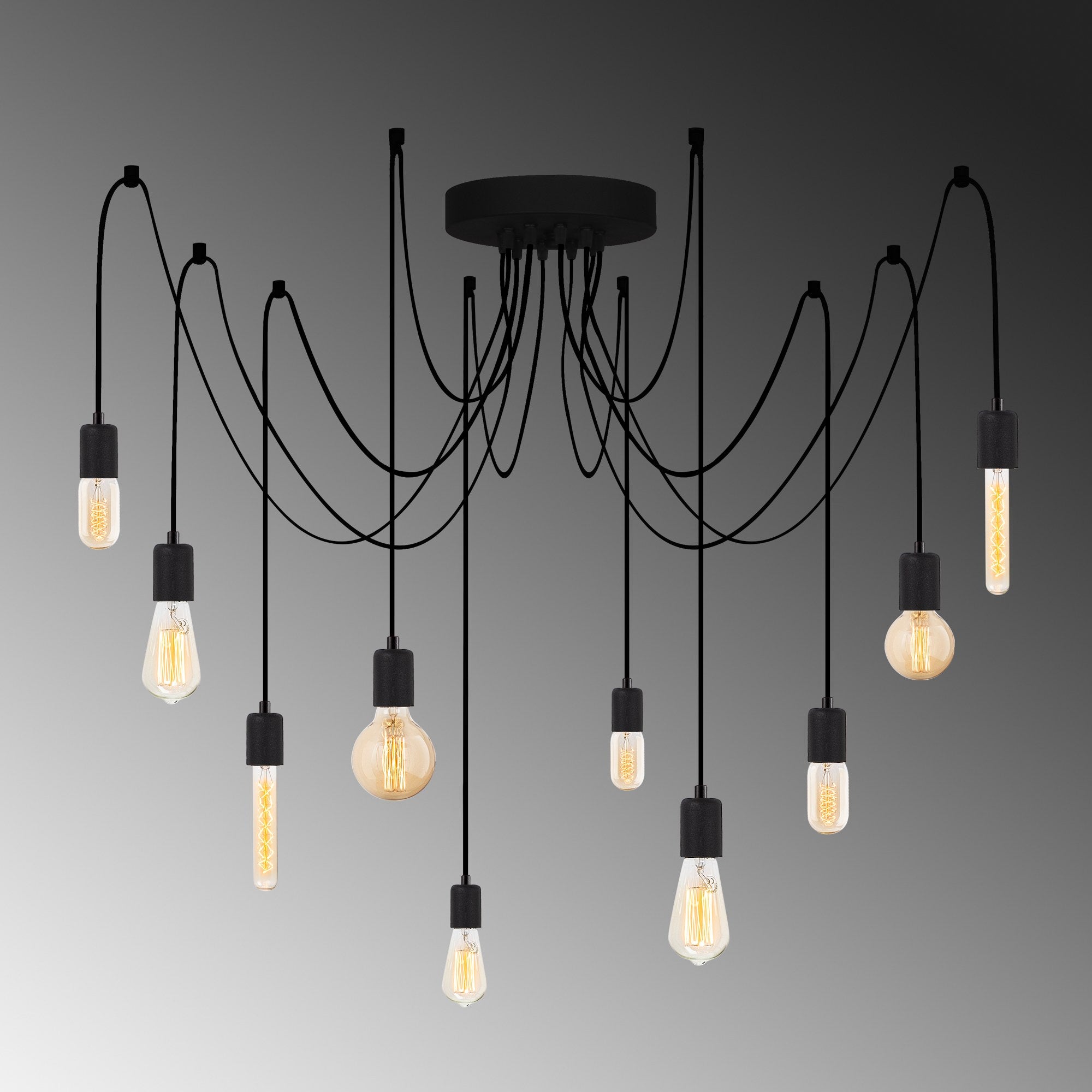 Candeeiro de Teto Industrial Preto, 186 x 186 cm, Altura Ajustável, 10 x E27, Máx. 40 W | Corpo de Ferro Resistente, Design Moderno para Decoração Elegante