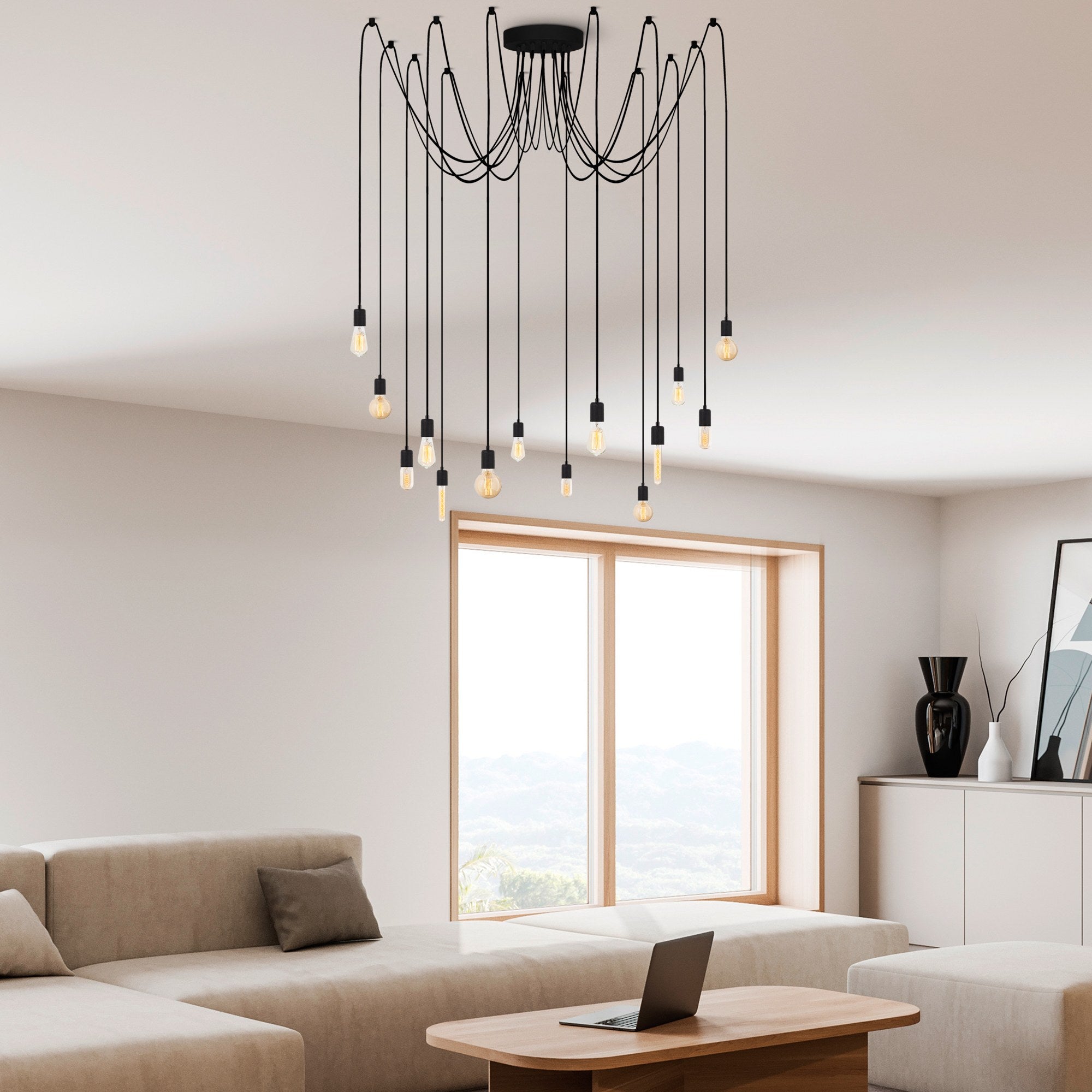 Candeeiro de Teto preto moderno, corpo de metal, 216 x 216 cm, altura ajustável, 14 x E27 máx. 40 W, design industrial, perfeito para decoração elegante