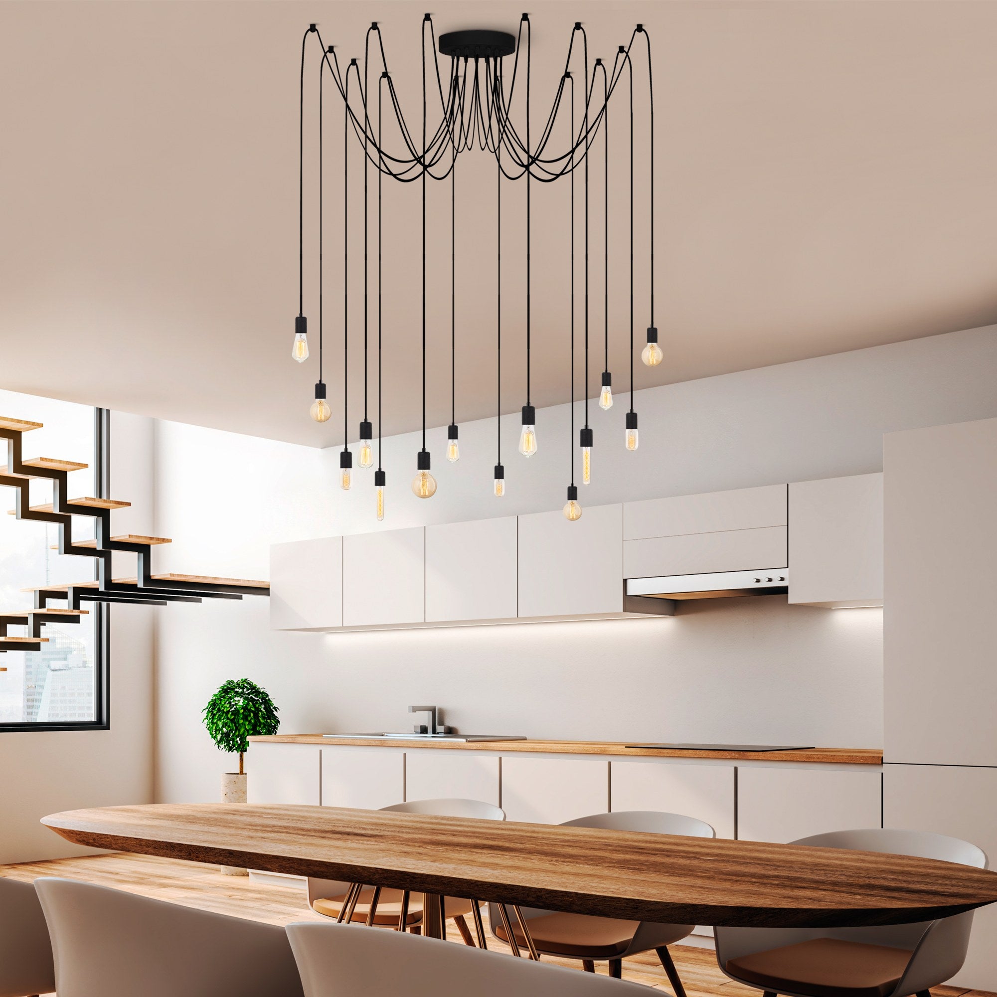 Candeeiro de Teto preto moderno, corpo de metal, 216 x 216 cm, altura ajustável, 14 x E27 máx. 40 W, design industrial, perfeito para decoração elegante