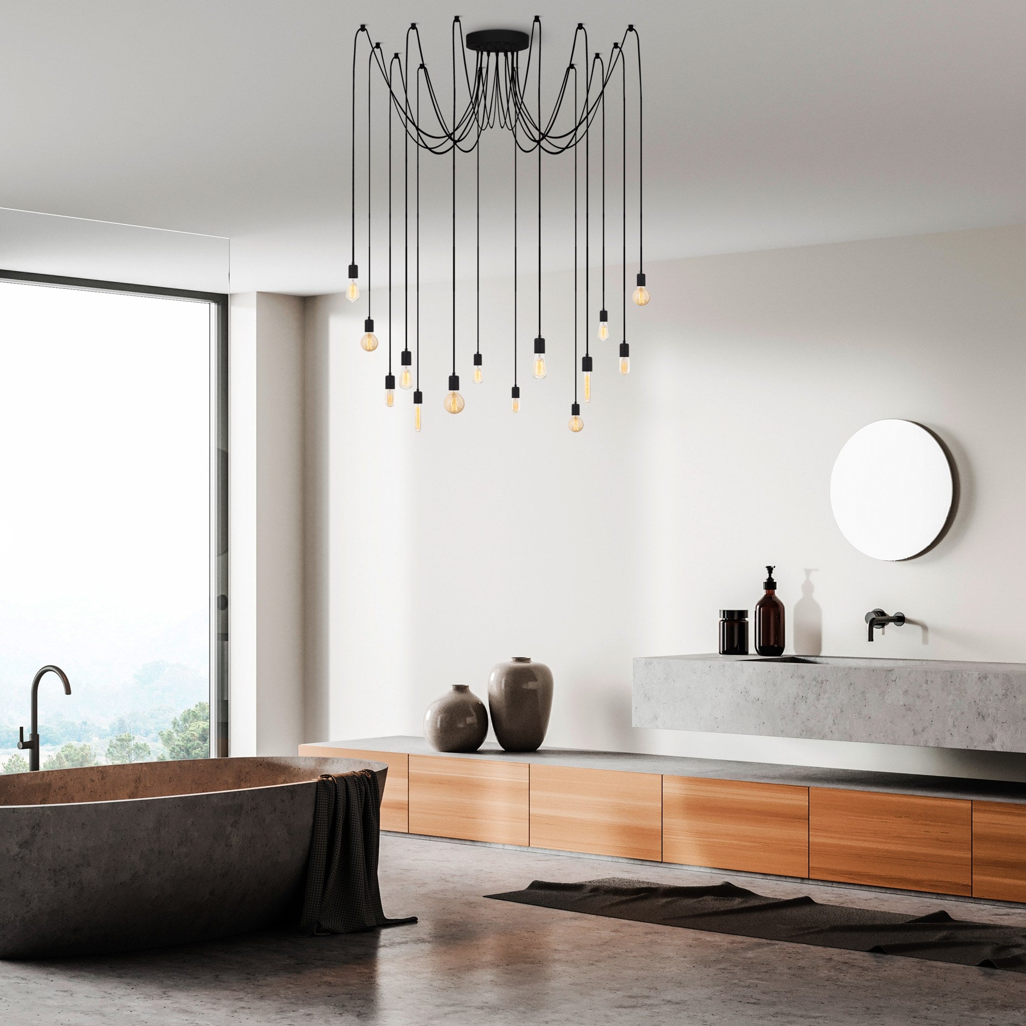 Candeeiro de Teto preto moderno, corpo de metal, 216 x 216 cm, altura ajustável, 14 x E27 máx. 40 W, design industrial, perfeito para decoração elegante