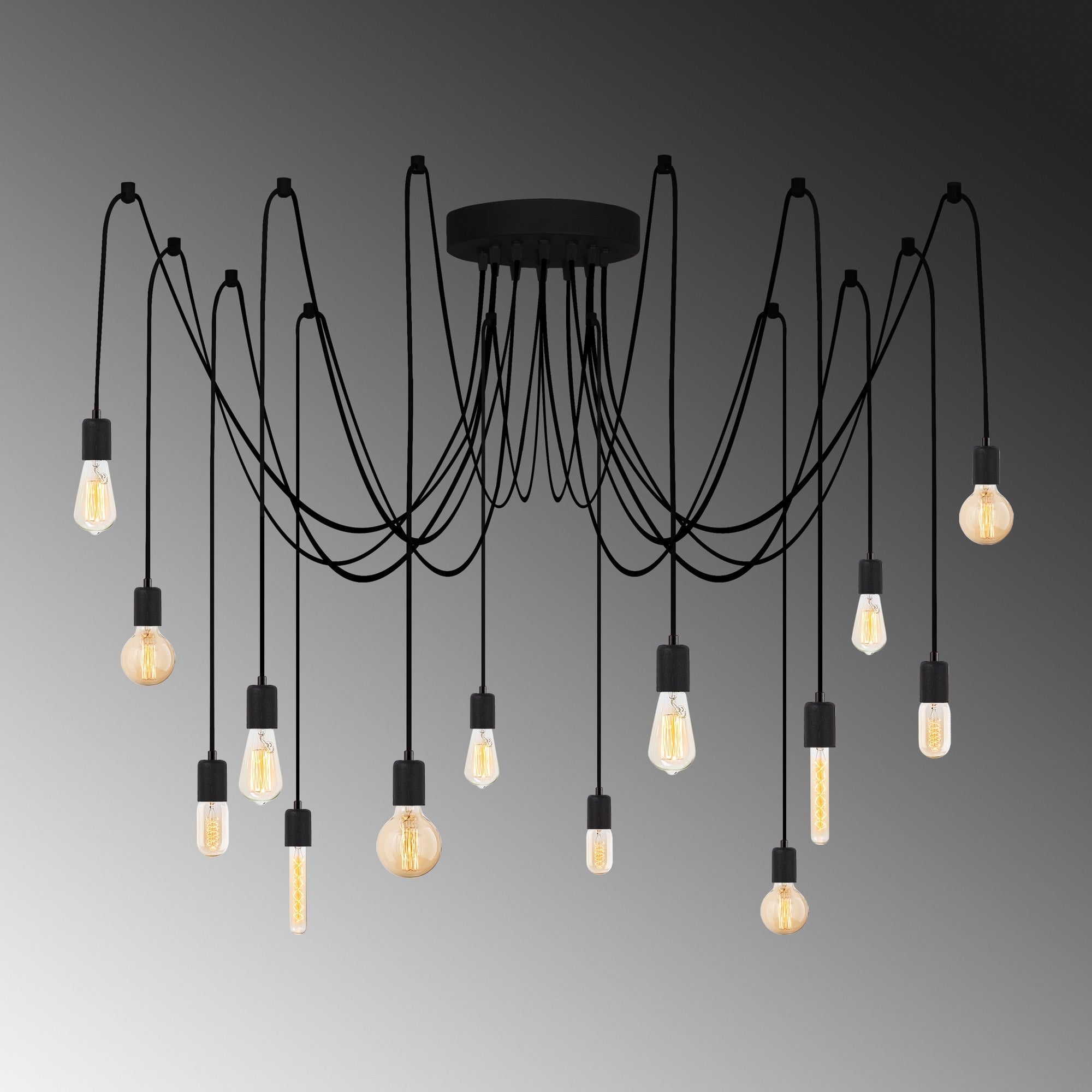 Candeeiro de Teto preto moderno, corpo de metal, 216 x 216 cm, altura ajustável, 14 x E27 máx. 40 W, design industrial, perfeito para decoração elegante