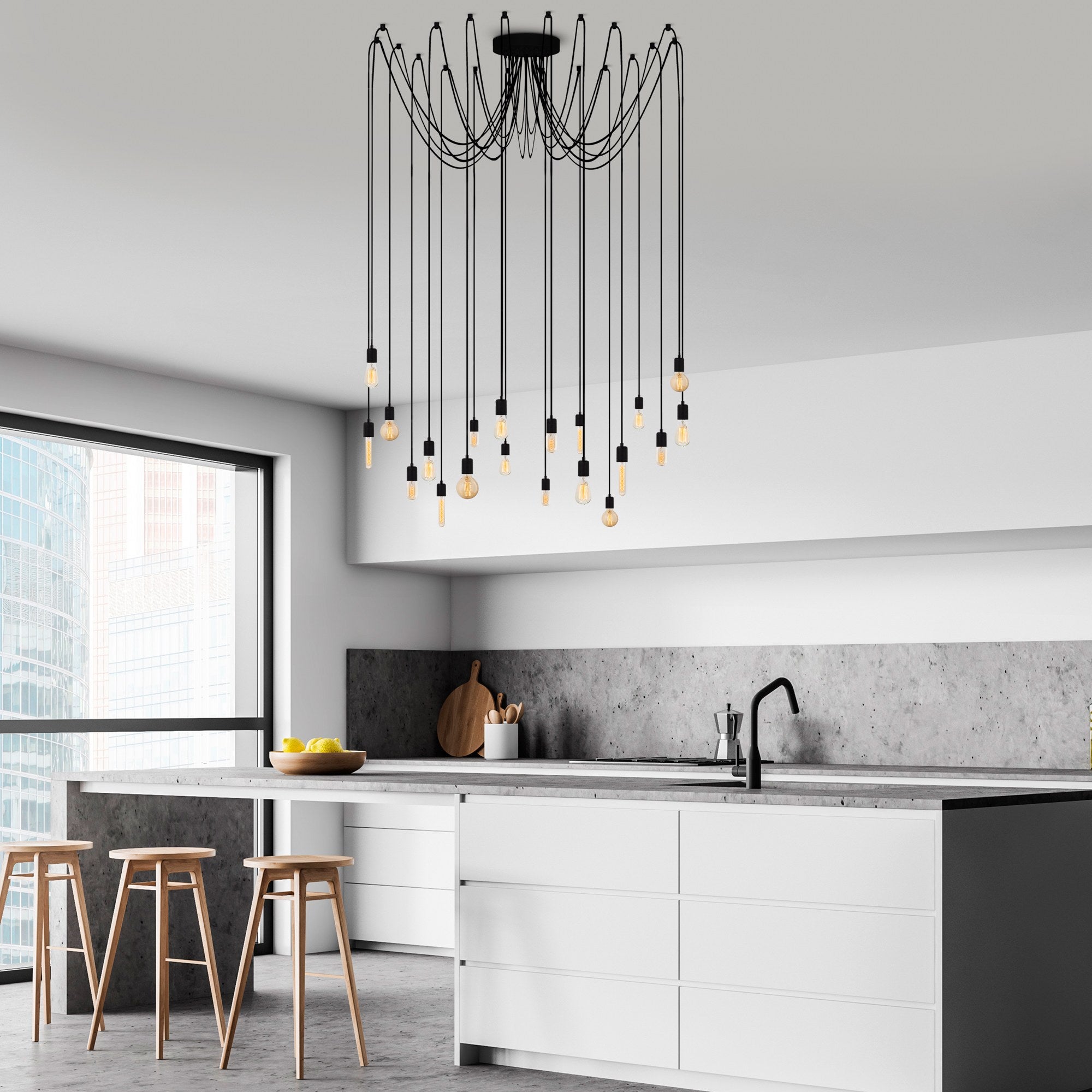 Candeeiro de Teto industrial moderno, corpo de metal preto, 246 x 246 cm, altura ajustável, 20 soquetes E27, design elegante para casa e escritório