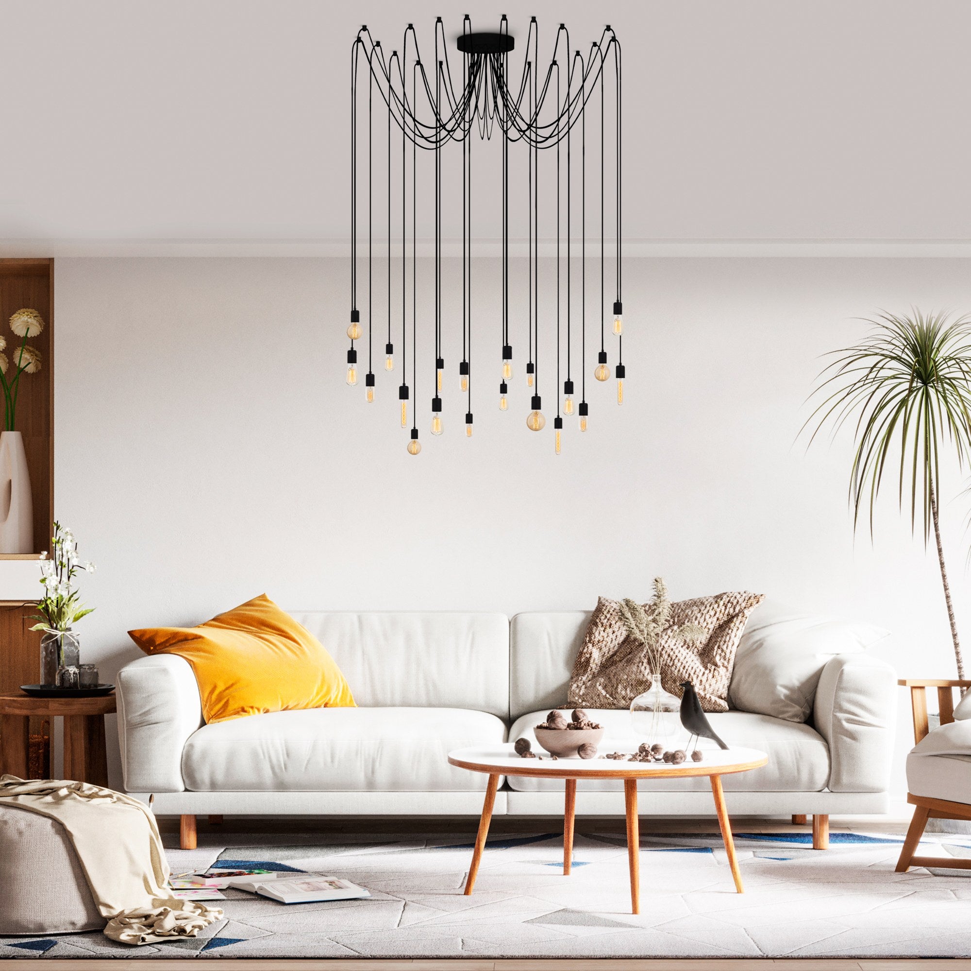 Candeeiro de Teto industrial moderno, corpo de metal preto, 246 x 246 cm, altura ajustável, 20 soquetes E27, design elegante para casa e escritório
