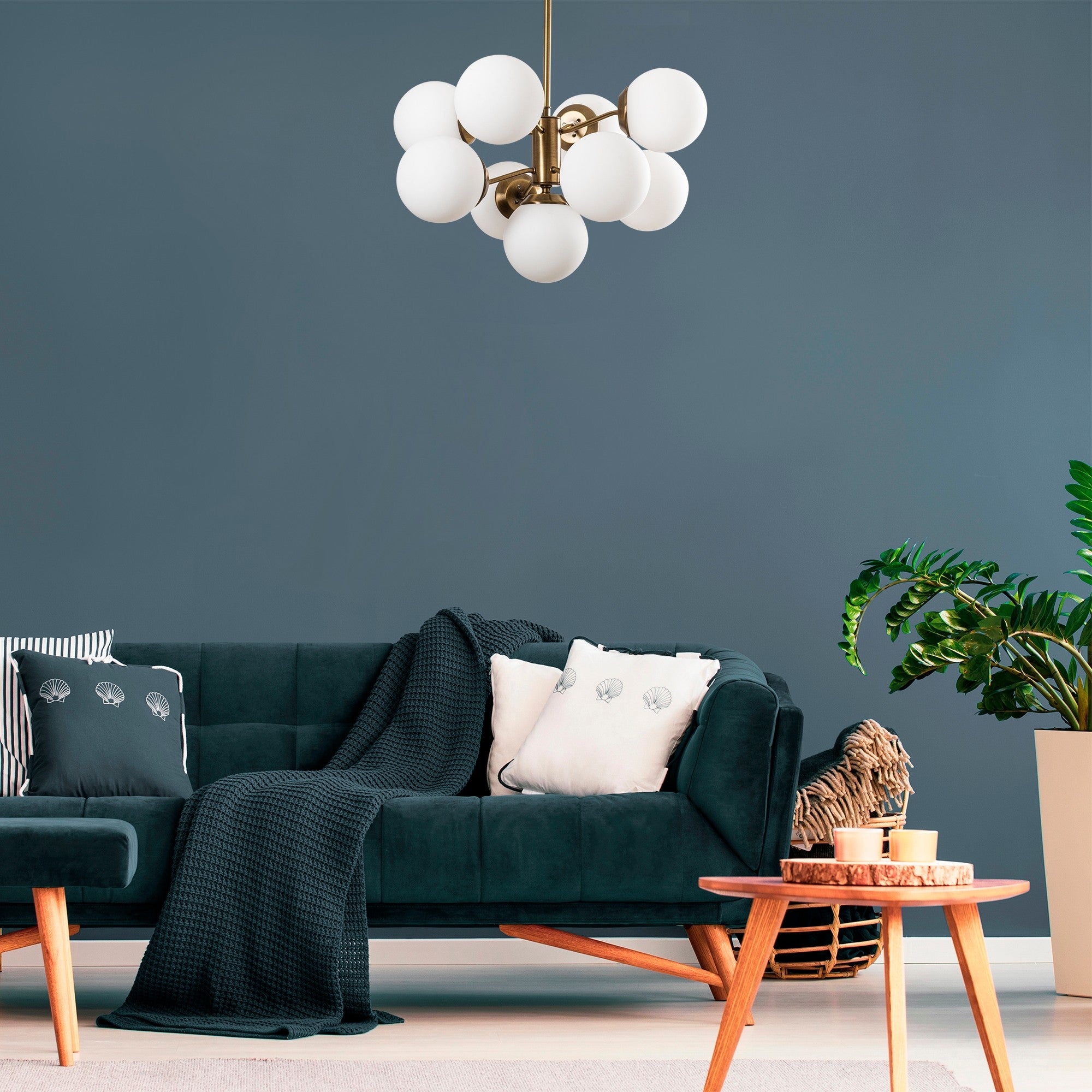 Candeeiro de Teto moderno com corpo de metal e tampa de vidro, 70 cm de diâmetro, 80 cm de altura | Design vintage e branco, 9 x E27 máx. 40 W | Estilo glamouroso e escandinavo