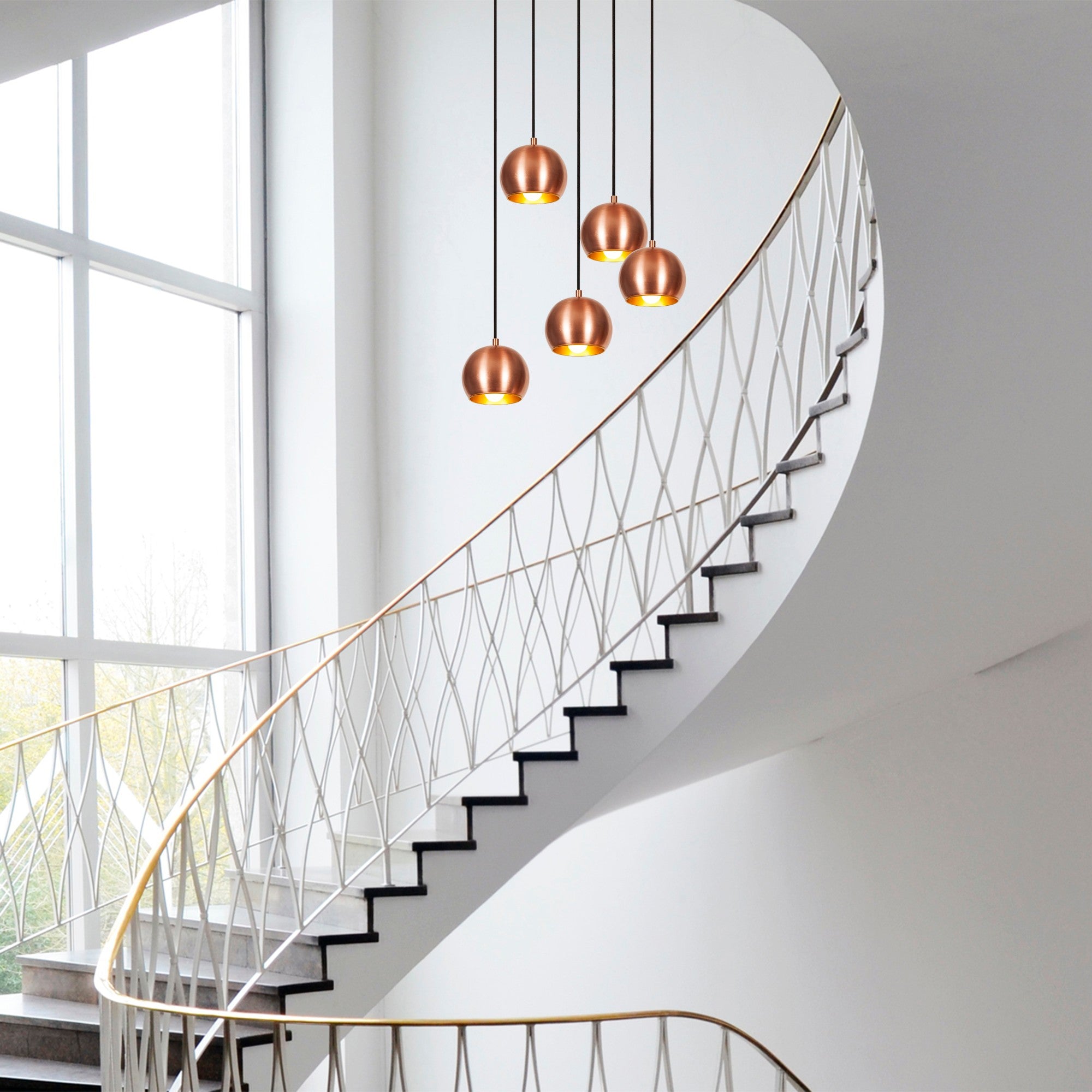 Candeeiro de Teto moderno de cobre, 48 cm de diâmetro, 108 cm de altura | Corpo de metal, 5 soquetes E27, design escandinavo elegante | Perfeito para espaços glamorosos