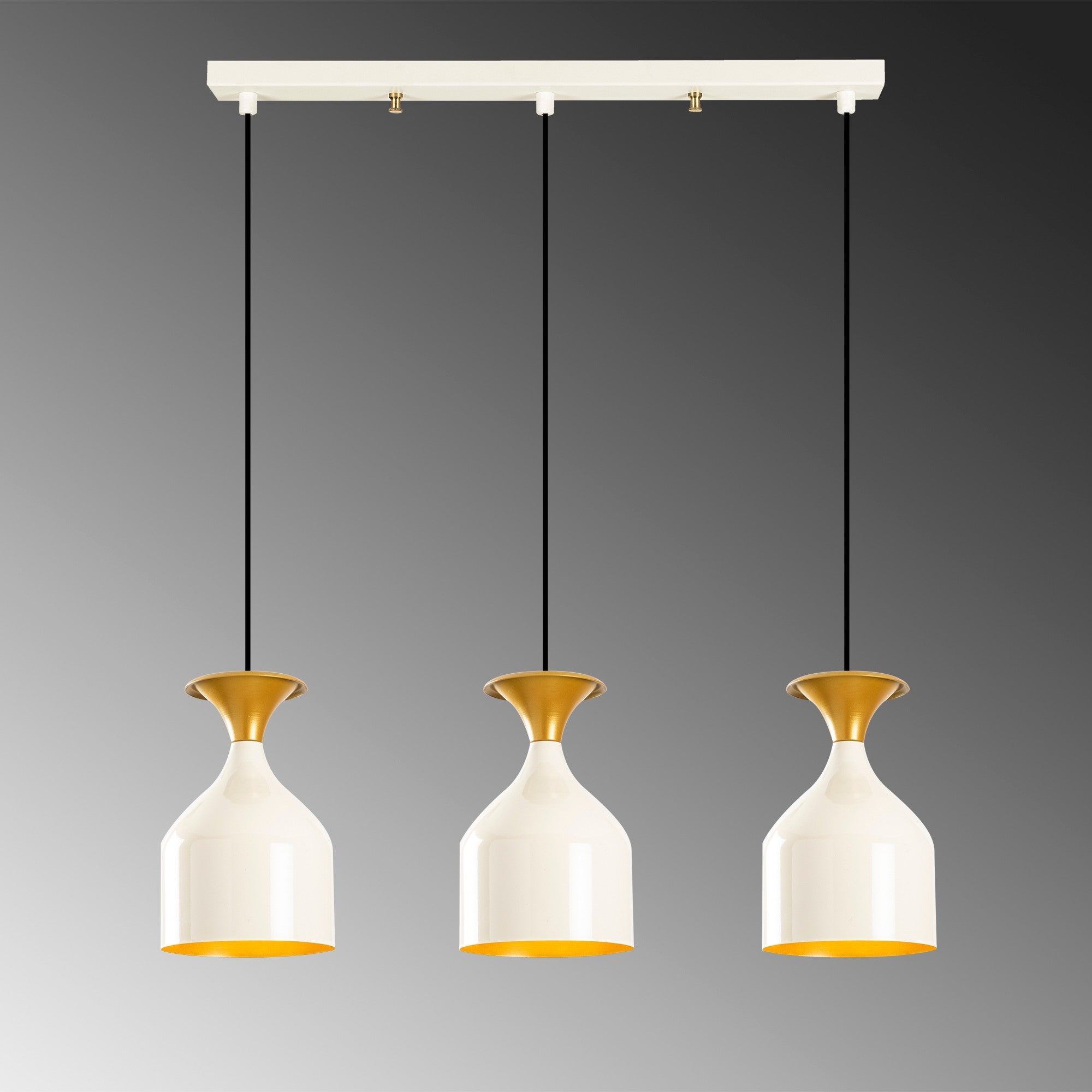 Candeeiro de Teto moderno, branco e dourado, 67 x 17 cm, altura: 113 cm | Corpo de ferro, 3 x E27 máx. 40 W | Design escandinavo elegante para espaços glamorosos