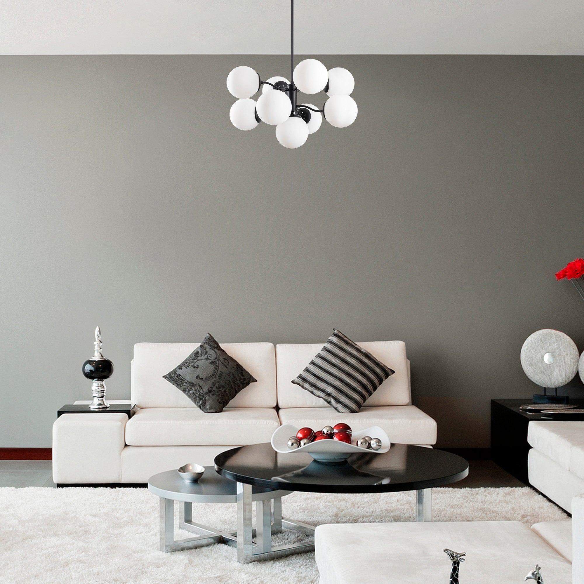 Candeeiro de Teto preto moderno, 70 cm de diâmetro, 80 cm de altura | Corpo de metal, tampa de vidro, 9 x E27 máx. 40 W | Design industrial e escandinavo elegante para casa