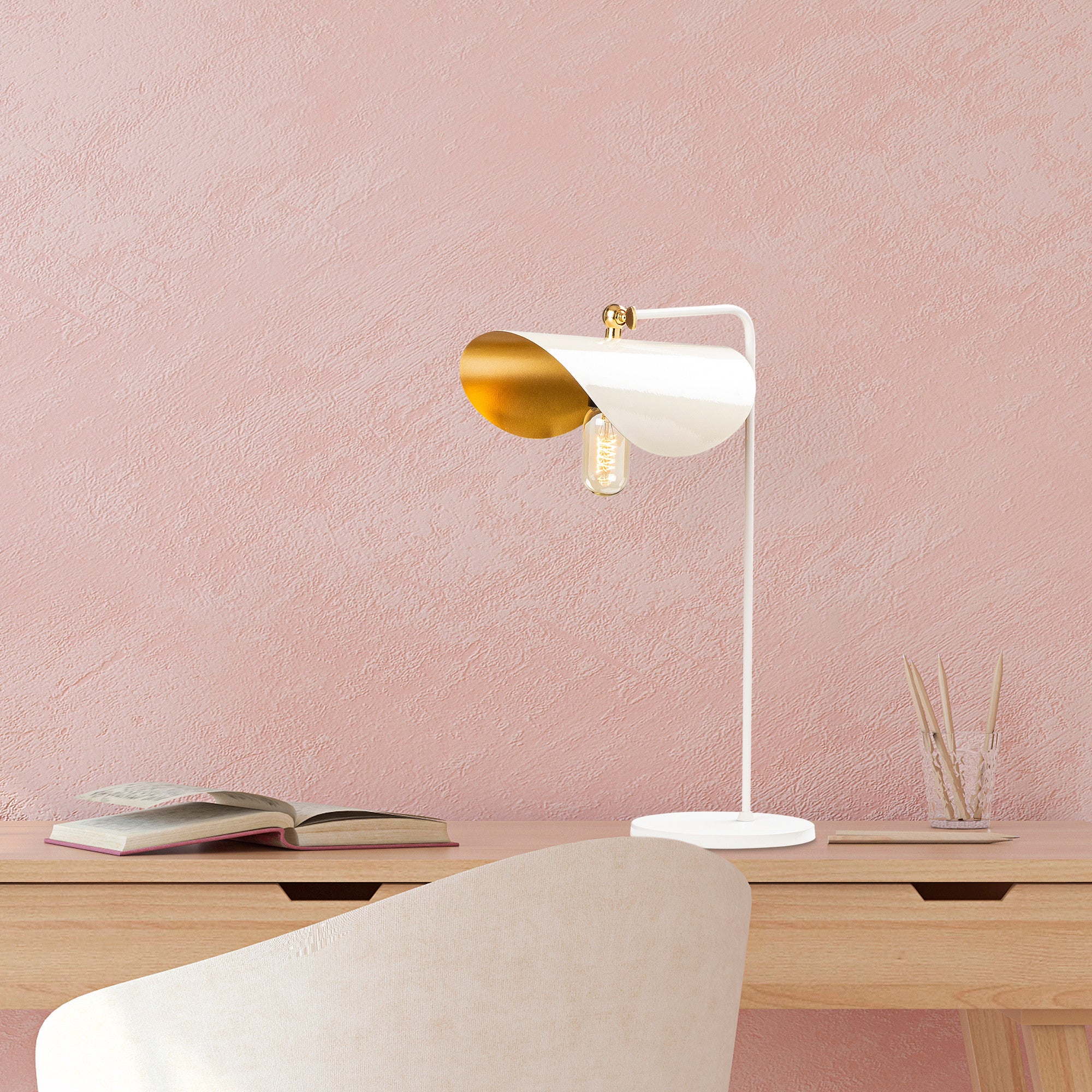 Candeeiro de Mesa Moderna, Branca e Dourada, 52 cm de Altura | Corpo em Metal, Soquete E27 máx. 40 W | Design Escandinavo Elegante para Decoração de Casa e Escritório