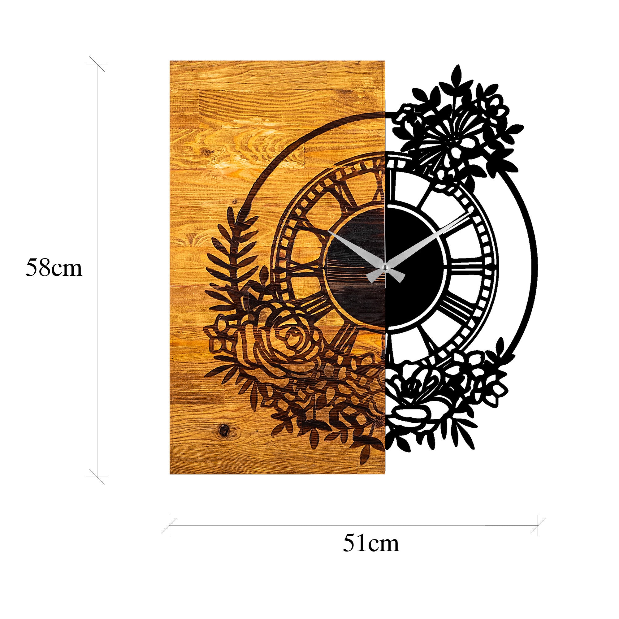 Relógio de parede decorativo elegante de madeira, 58 x 3 x 51 cm | 100% madeira e metal, mecanismo silencioso | Acabamento exclusivo em nogueira e preto, perfeito para qualquer ambiente