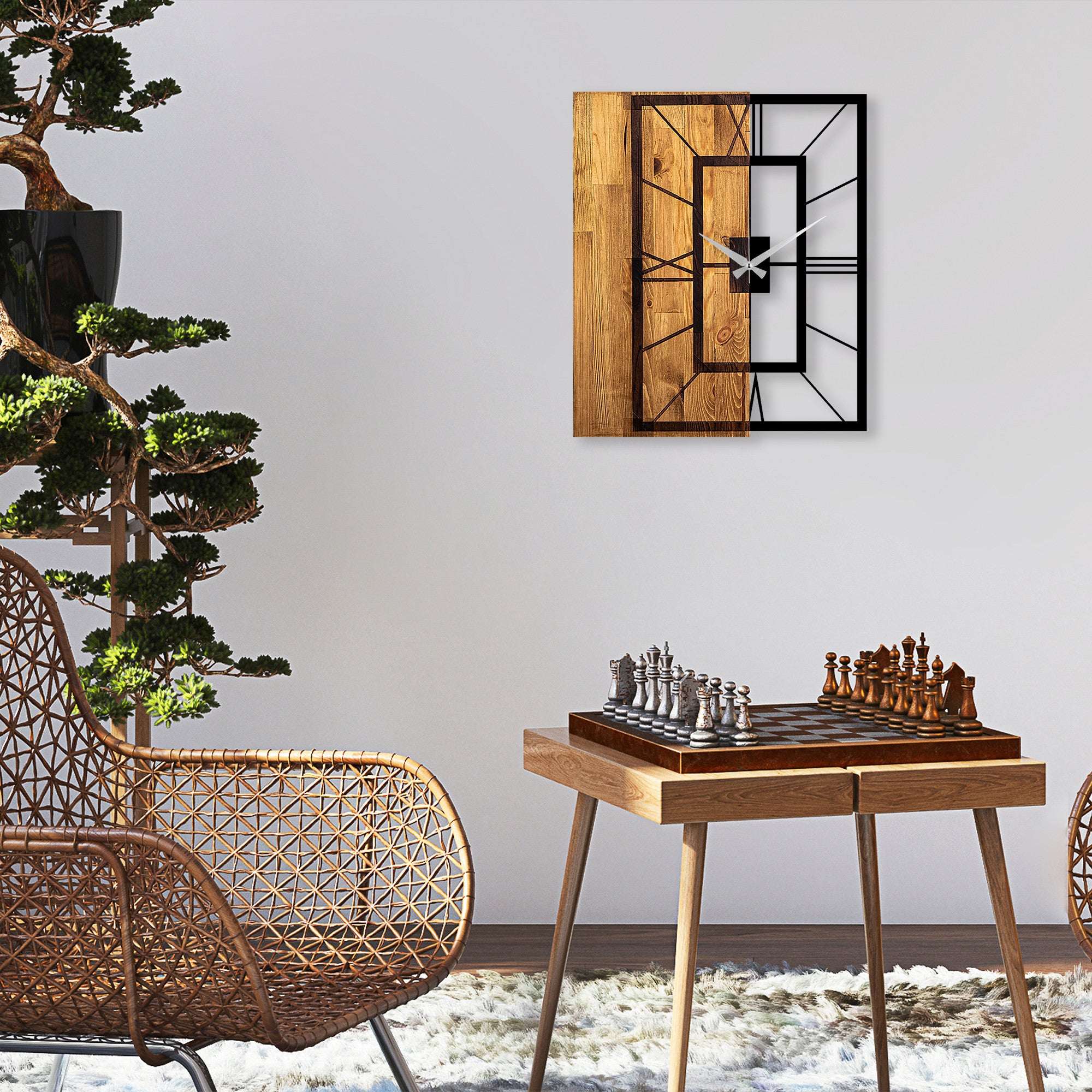 Relógio de parede elegante em madeira e metal – 49 x 3 x 58 cm – nogueira clara e preto