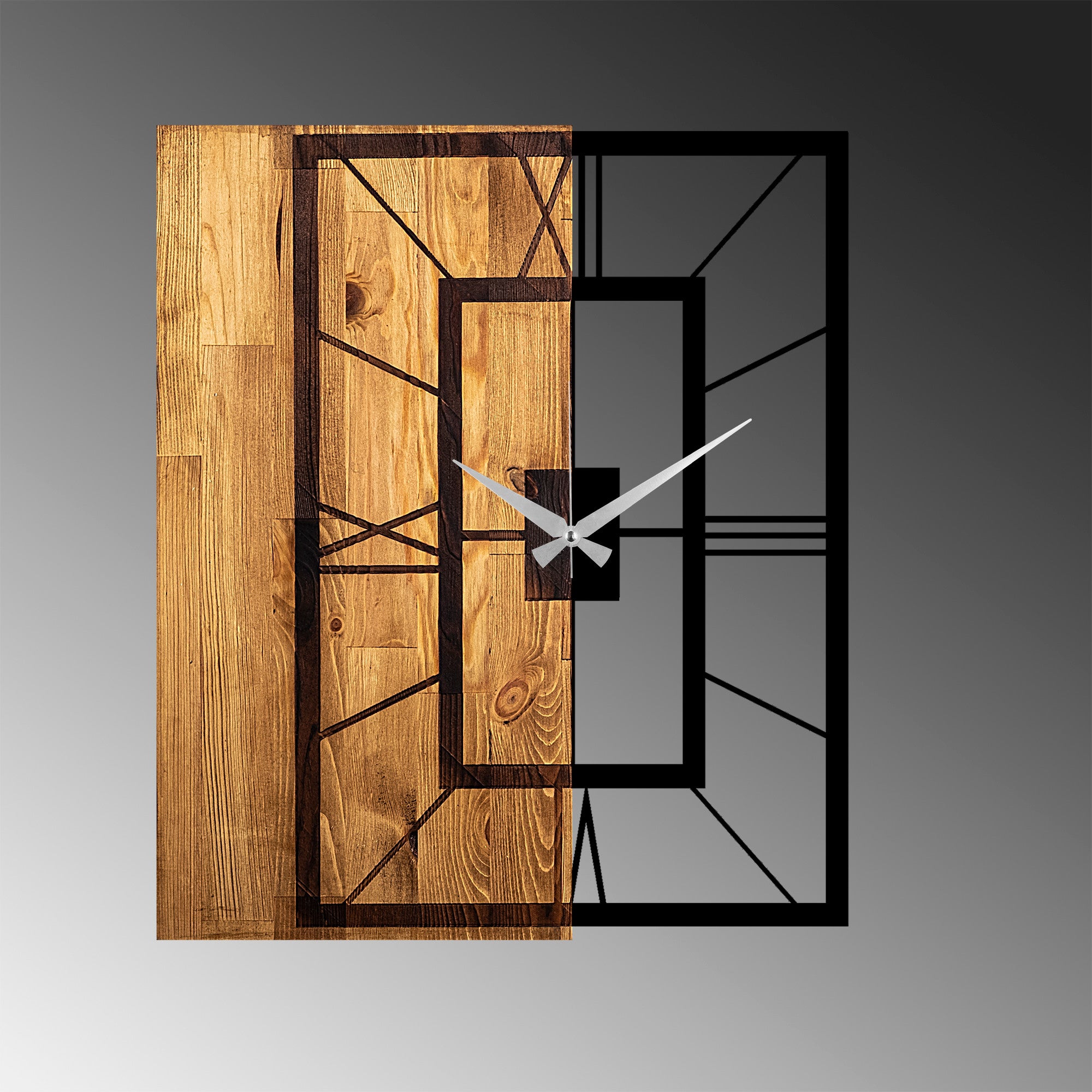 Relógio de parede elegante em madeira e metal – 49 x 3 x 58 cm – nogueira clara e preto