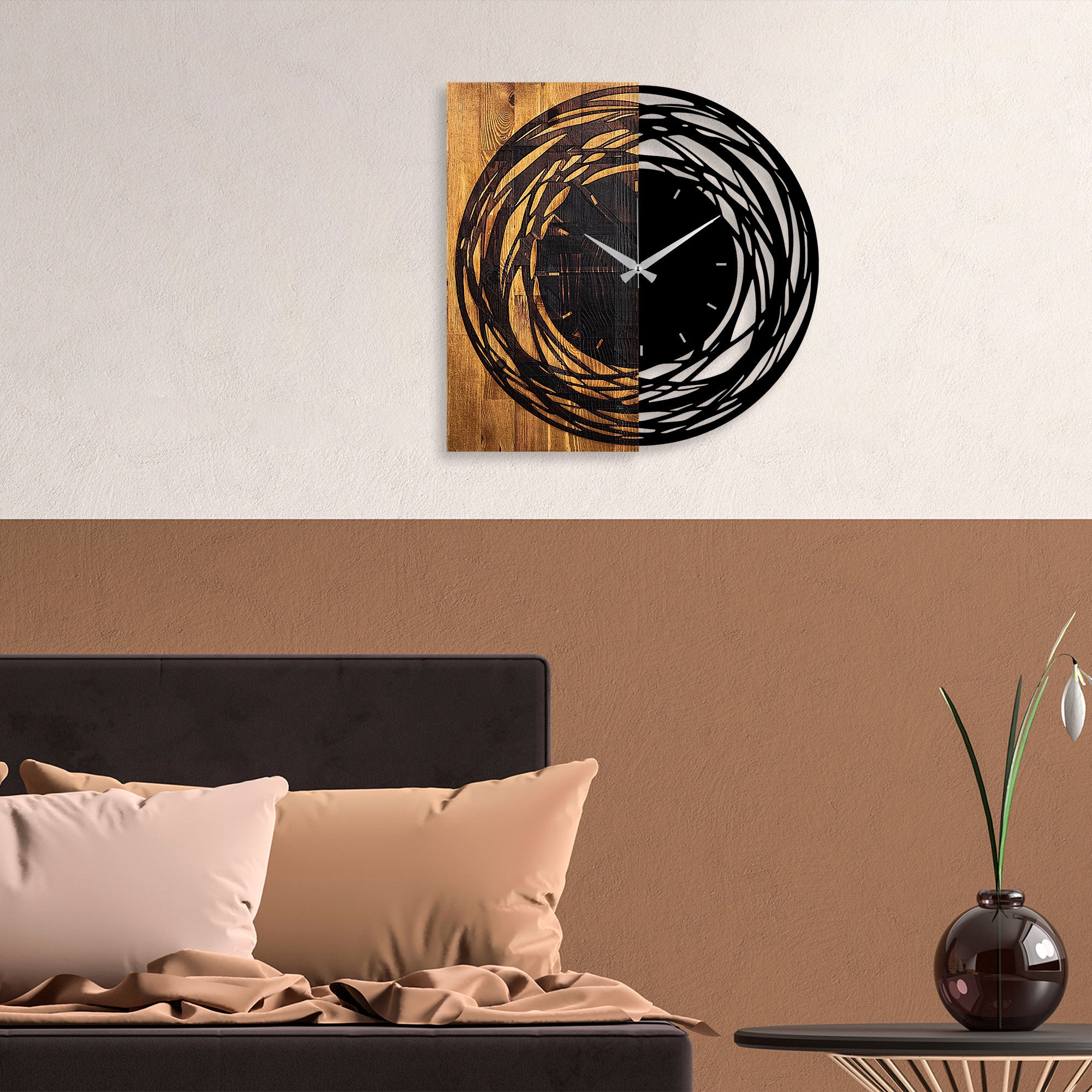 Relógio de parede decorativo – 58 x 3 x 58 cm – nogueira clara e preto – madeira e metal