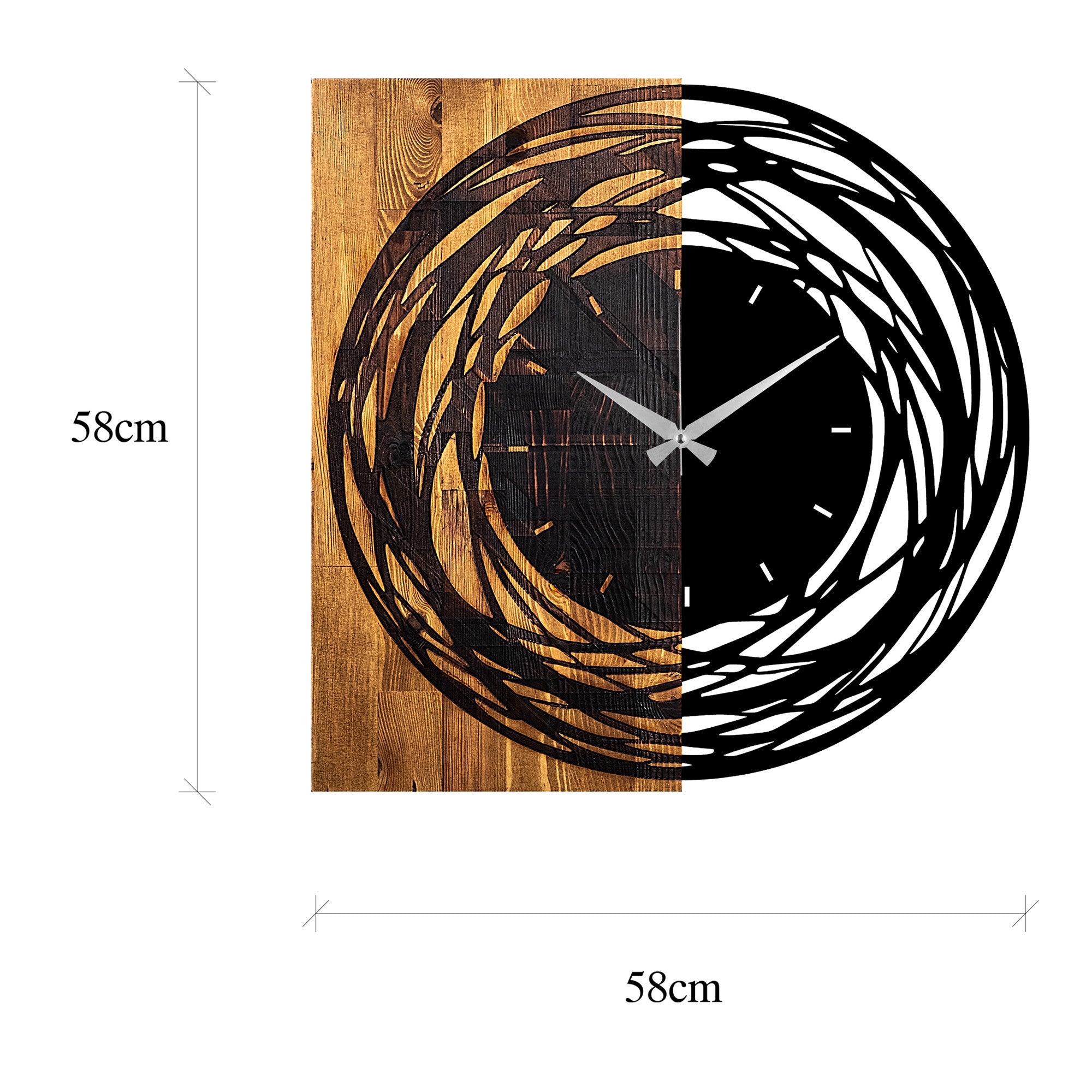 Relógio de parede decorativo – 58 x 3 x 58 cm – nogueira clara e preto – madeira e metal
