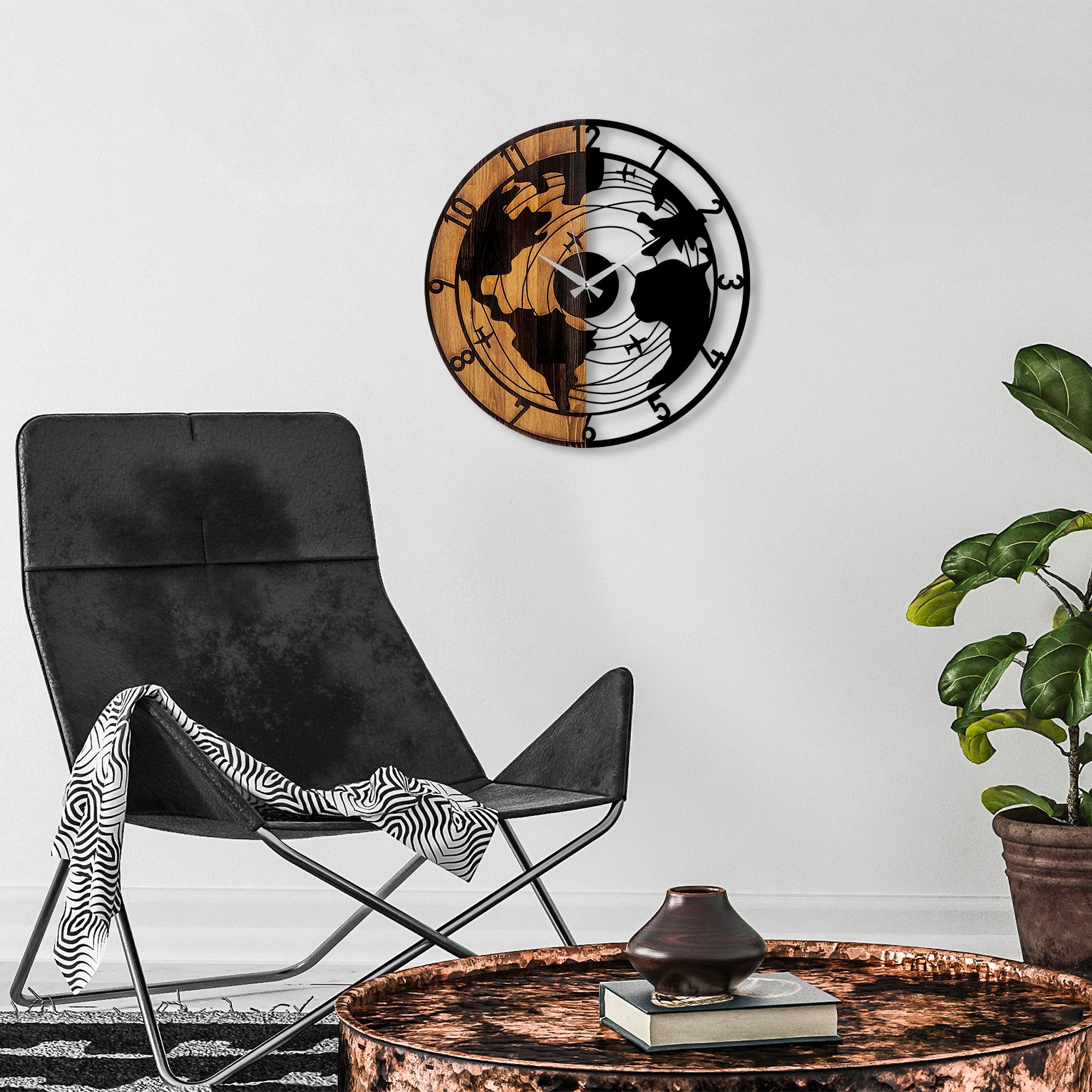 Relógio de parede decorativo elegante de madeira, 56 x 3 x 56 cm | 100% madeira e metal, mecanismo silencioso | Acabamento exclusivo em nogueira e preto, perfeito para qualquer ambiente