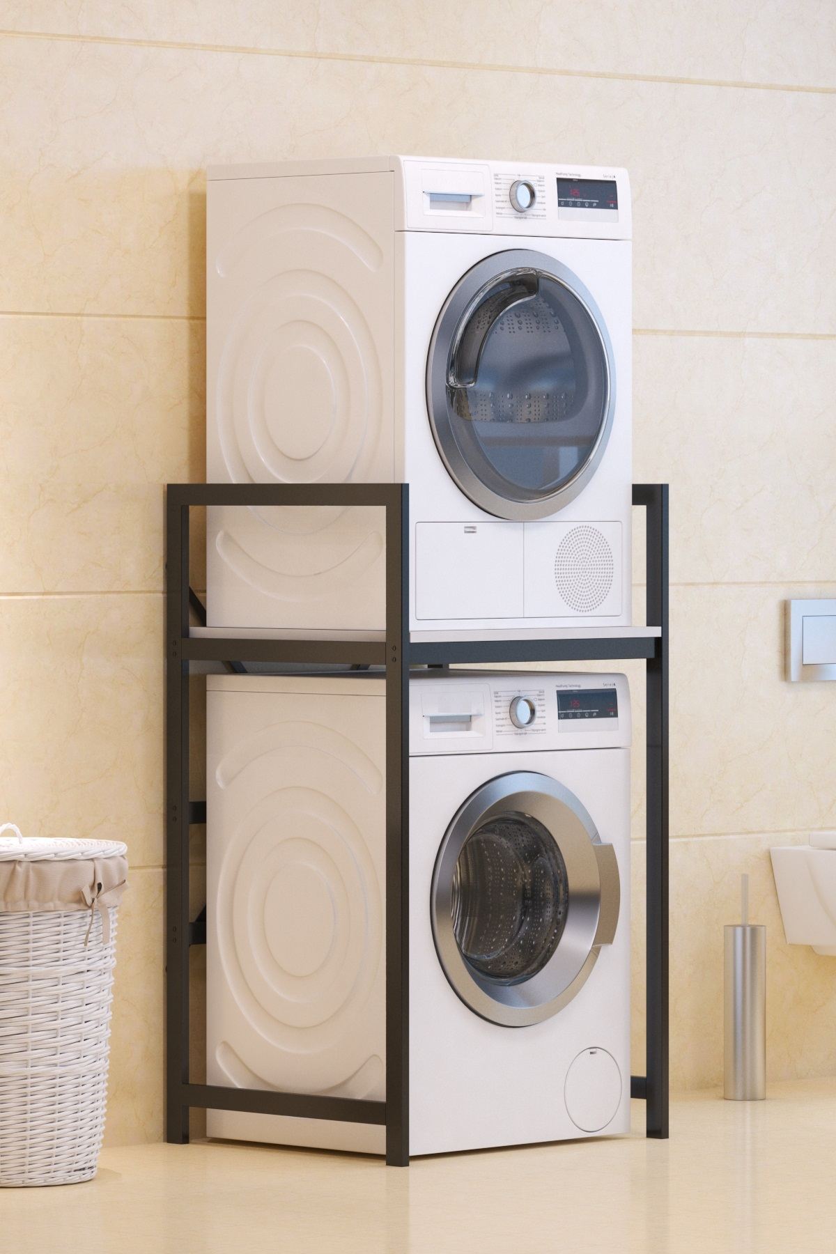 Armário para Máquina de Lavar – 70 cm x 116 cm x 60 cm – Branco e Preto – Metal e Aglomerado