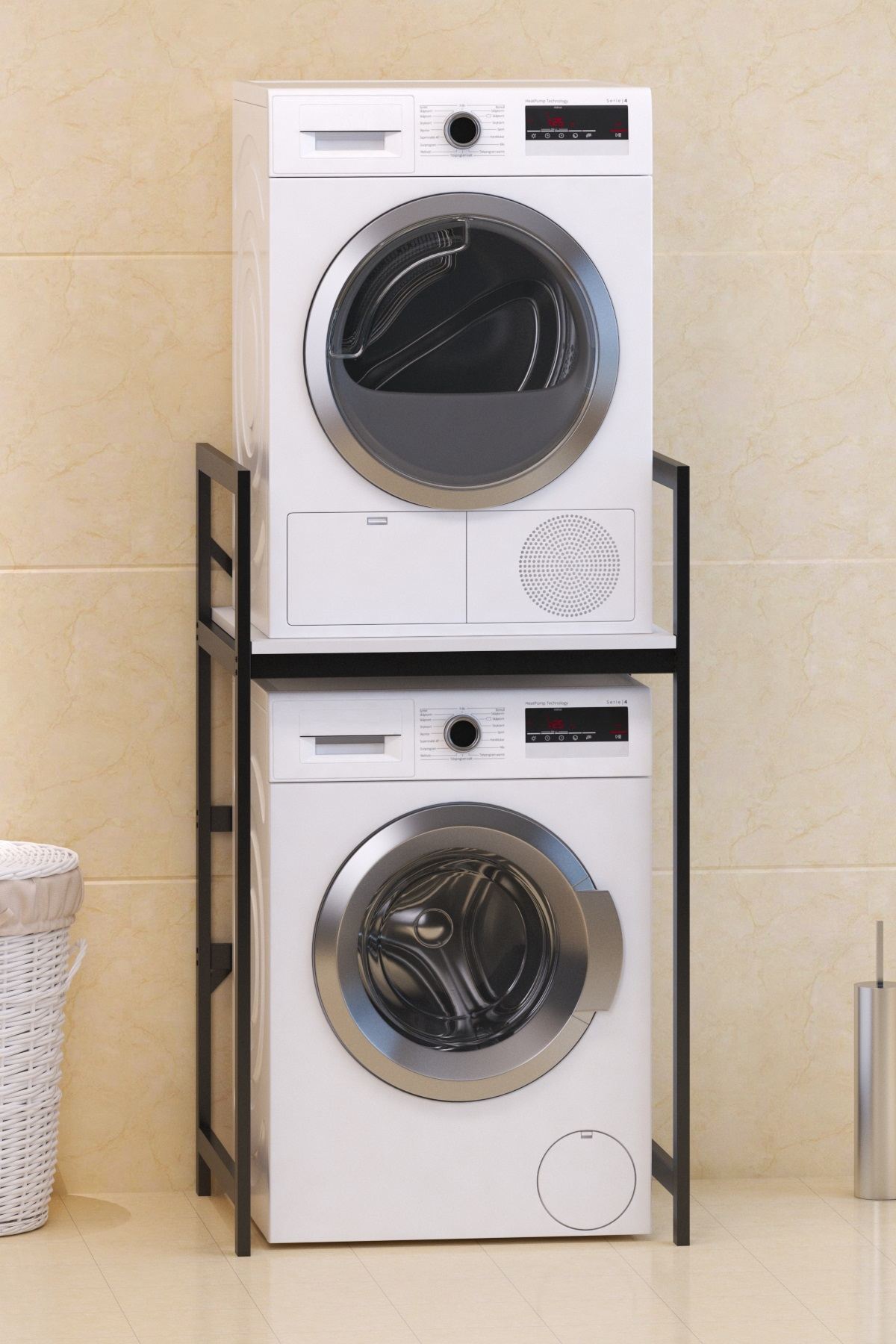 Armário para Máquina de Lavar – 70 cm x 116 cm x 60 cm – Branco e Preto – Metal e Aglomerado