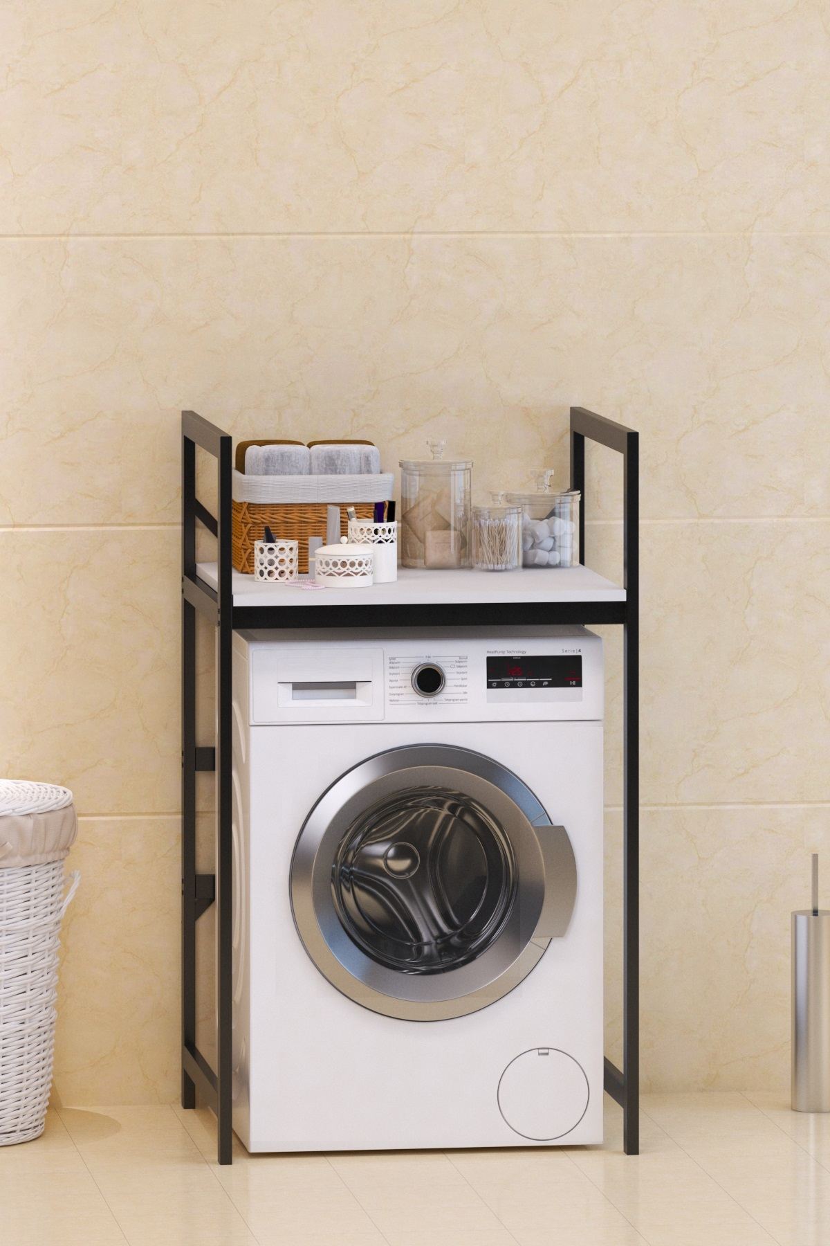 Armário para Máquina de Lavar – 70 cm x 116 cm x 60 cm – Branco e Preto – Metal e Aglomerado