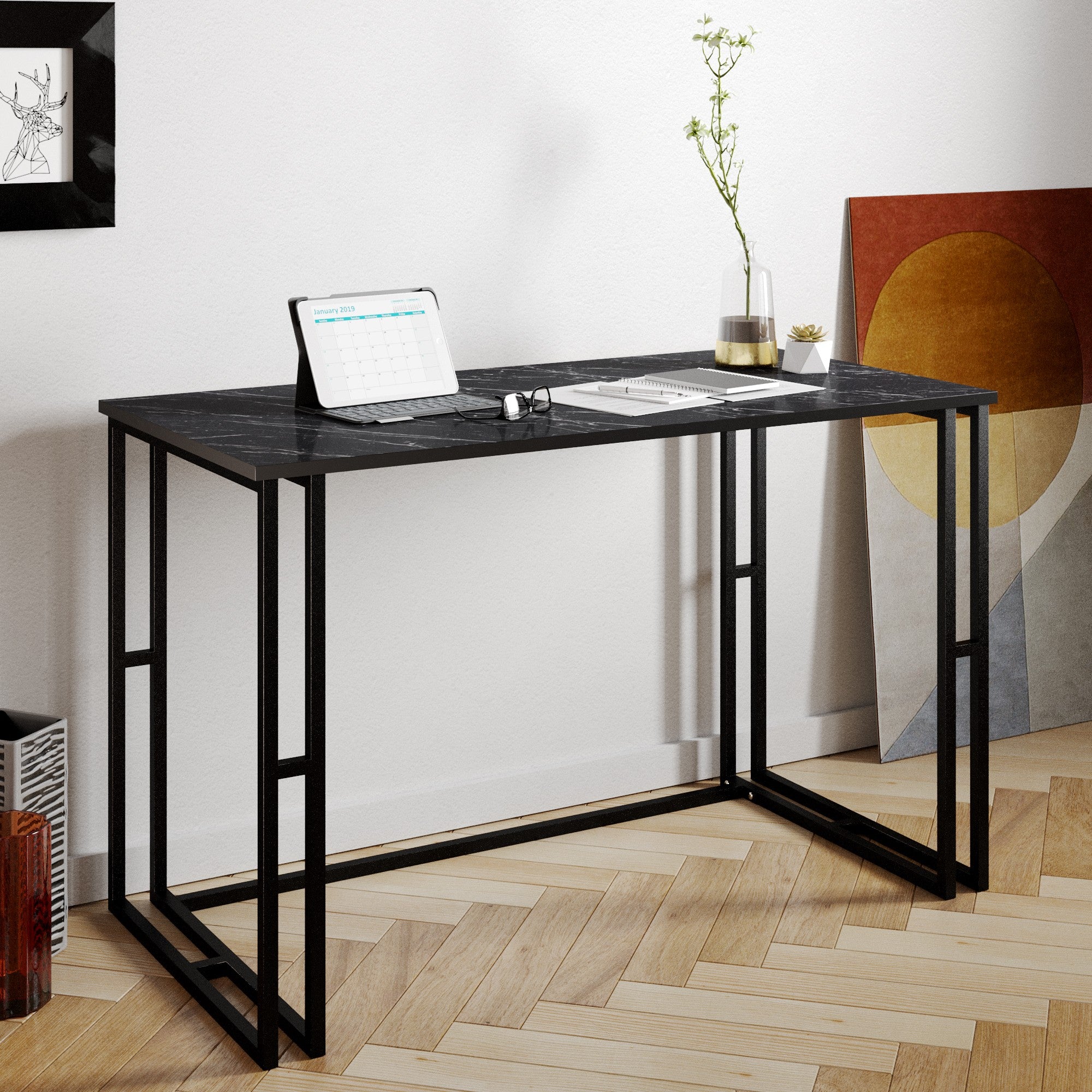 Secretária de Estudo/Escritório Industrial, Preta, 120 x 75 x 60 cm | Painel de Partículas 100% Revestido em Melamina, 18 mm de Espessura, Pernas de Metal Resistente | Perfeita para Hotéis Modernos e Escritórios Domésticos