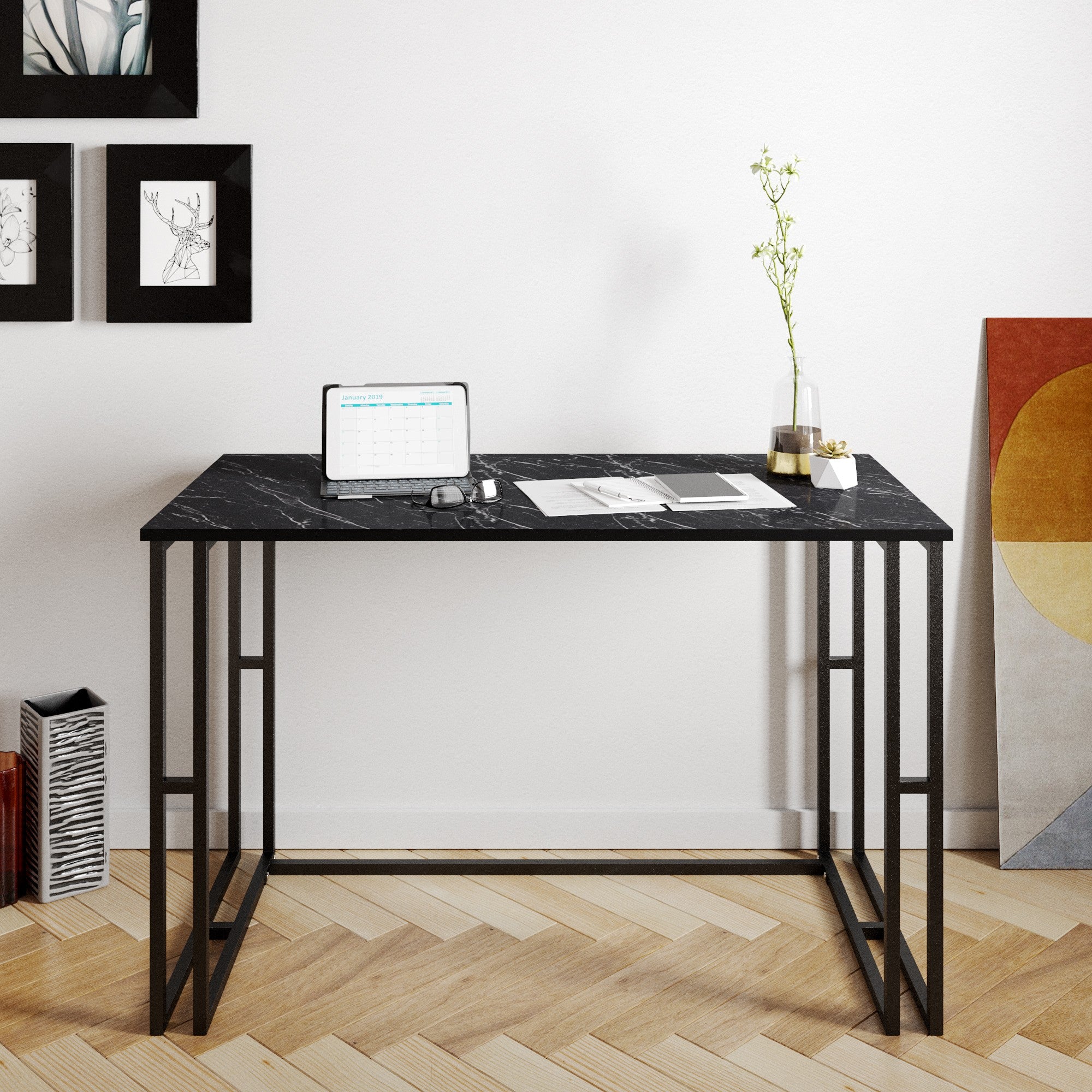 Secretária de Estudo/Escritório Industrial, Preta, 120 x 75 x 60 cm | Painel de Partículas 100% Revestido em Melamina, 18 mm de Espessura, Pernas de Metal Resistente | Perfeita para Hotéis Modernos e Escritórios Domésticos