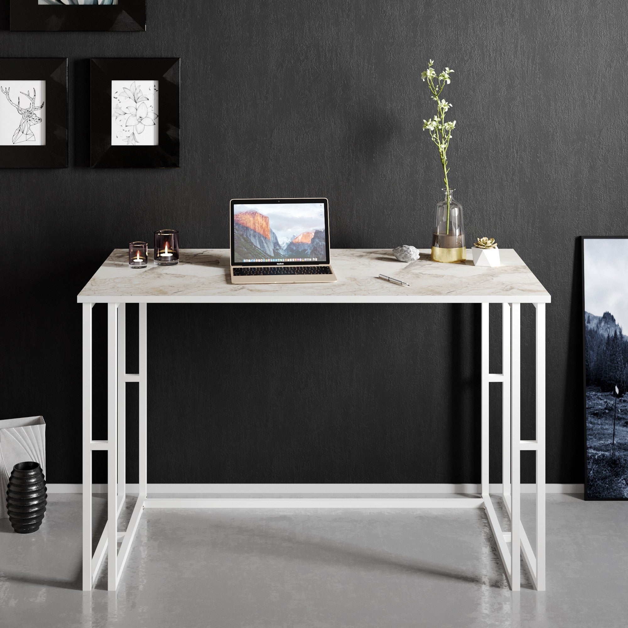 Secretária de Estudo/Escritório Escandinava, Branca, 120 x 60 x 75 cm | Painel de Partículas 100% Revestido em Melamina, 18 mm de Espessura, Pernas de Metal Resistente | Perfeita para Casa e Escritório Modernos